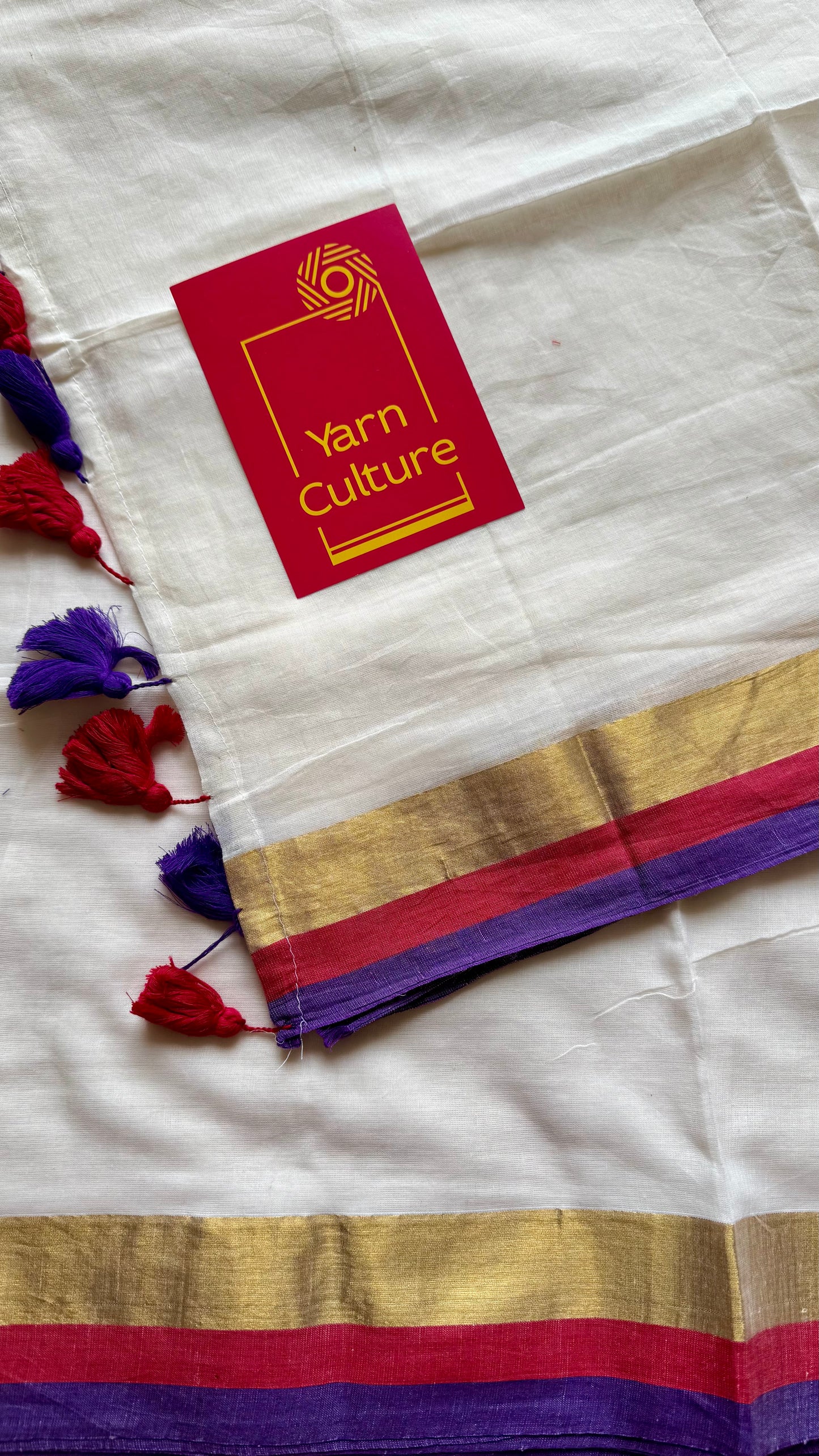 Ivory mul saree, purple, red and gold border - YCIEON08