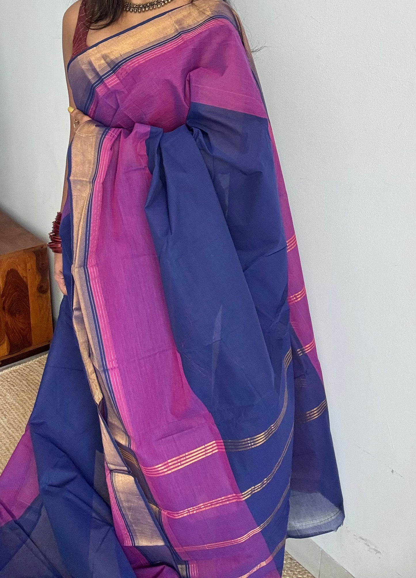 Dark blue and magenta Chettinad cotton saree with antique gold zari border - YCCOTNCCFE154