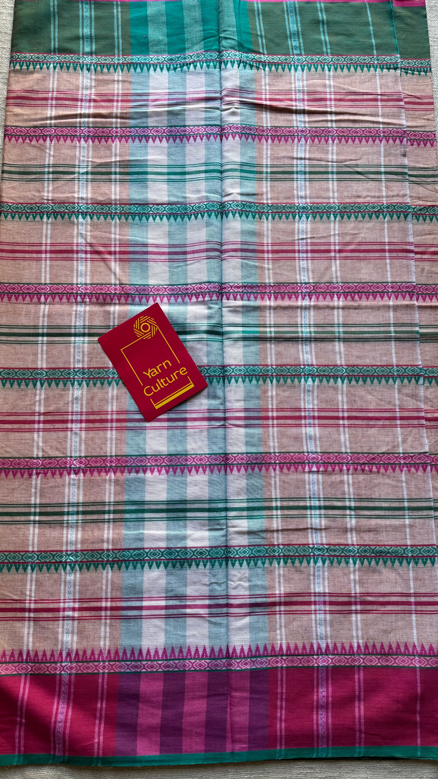 Dhonekhali handloom soft cotton saree, salmon pink with bright pink and dark turquoise woven stripes - YCBCDFE266