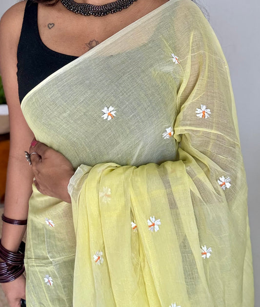 Light yellow parijat soft mul cotton saree  - YCBCMCAP29