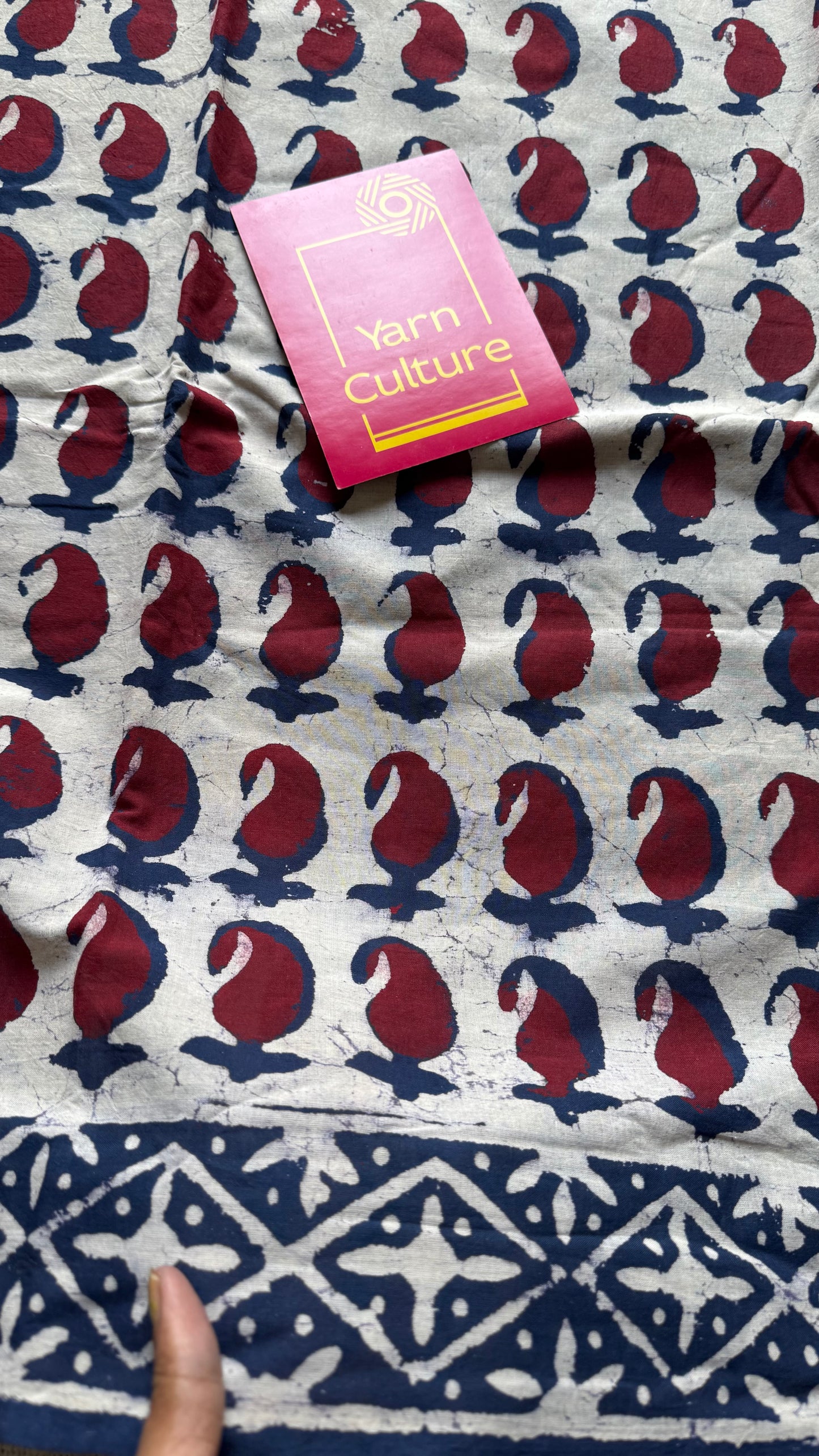 Beige with Indigo and maroon paisley motifs, block printed soft cotton saree - YCTORCMA23