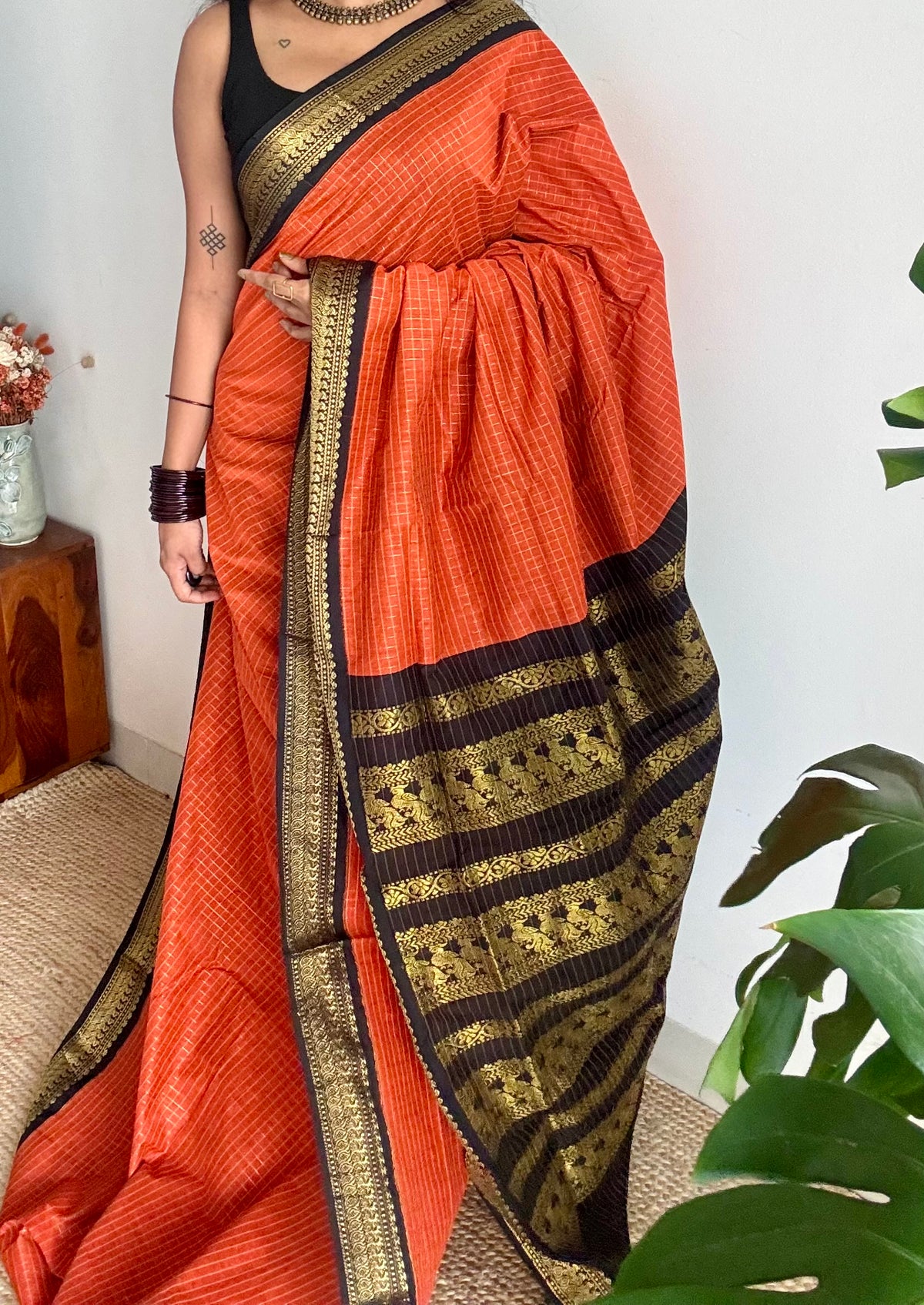 Orange with black, zari checkered saree, cotton silk - YCCOTNKCOC101