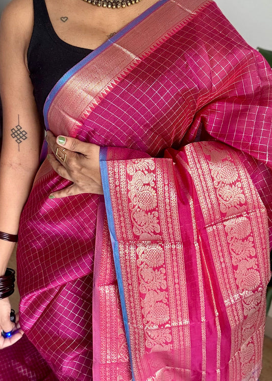 Dark berry pink with blue silver zari checks, silver and gold peacock woven zari border, mangalgiri silk cotton, handwoven, soft, light weight - YCWOTDMSCOC124