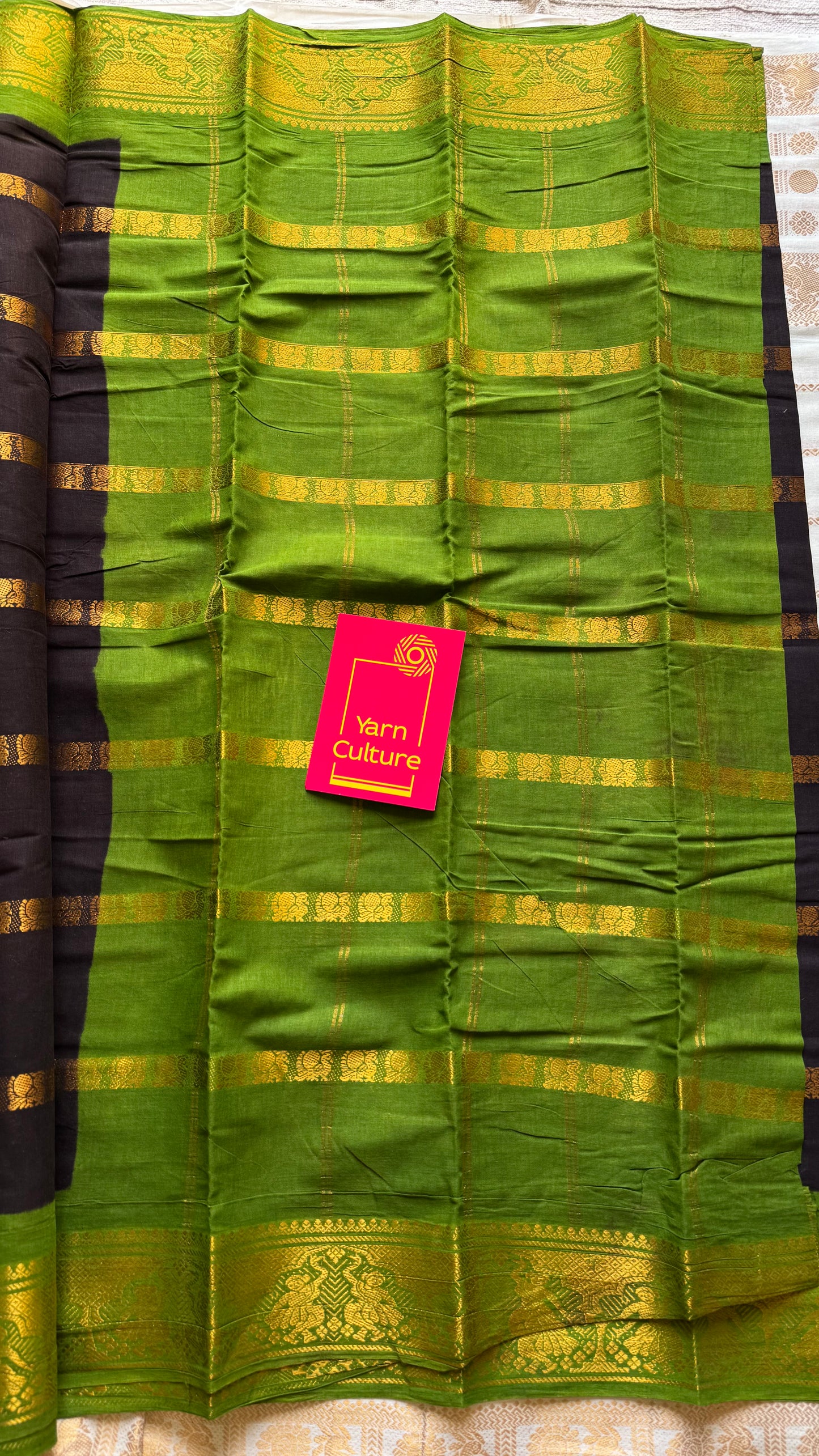 Black with green, multi peacock motif lines, kattuchayam dyed sungudi cotton - YCCOTNJUCC14