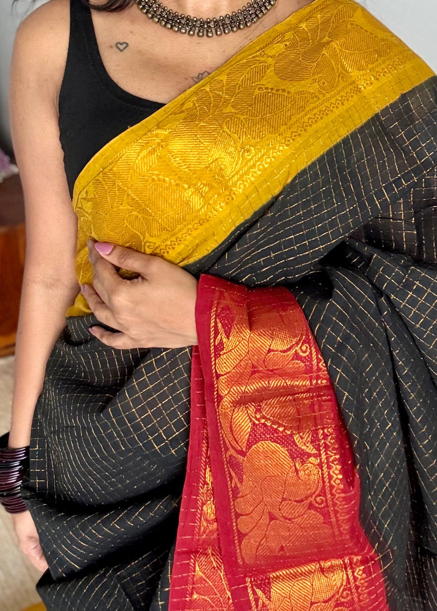 Sungudi cotton checks, black base, red and yellow dual tone border, soft cotton - YCCOTNGJJA181