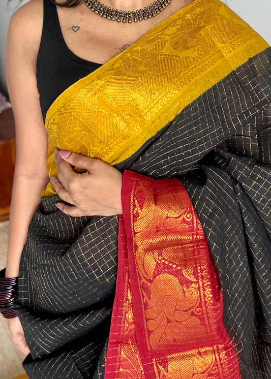 Sungudi cotton checks, black base, red and yellow dual tone border, soft cotton - YCCOTNGJJA181