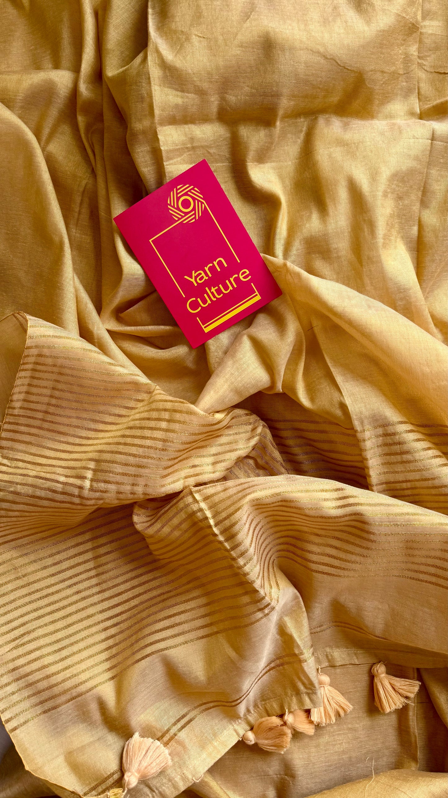 Plain gold mul tissue saree, striped pallu - YCIEON07