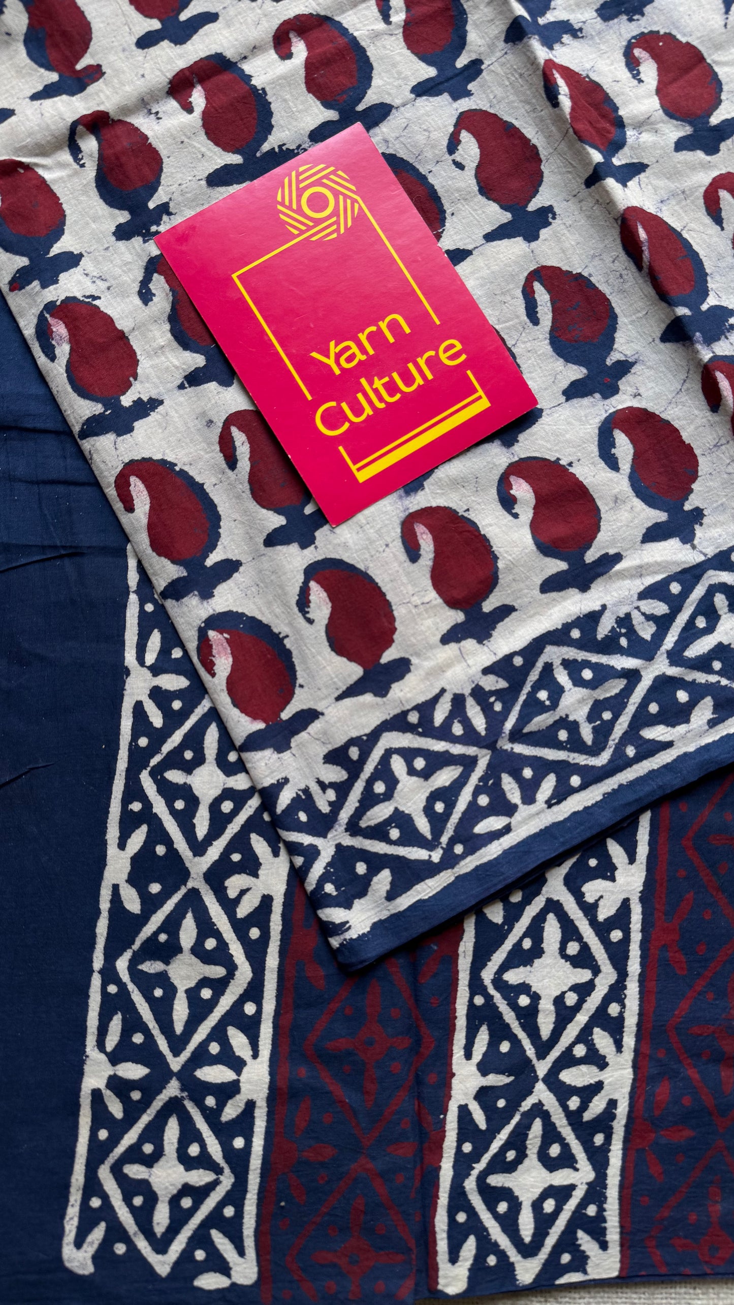 Beige with Indigo and maroon paisley motifs, block printed soft cotton saree - YCTORCMA23