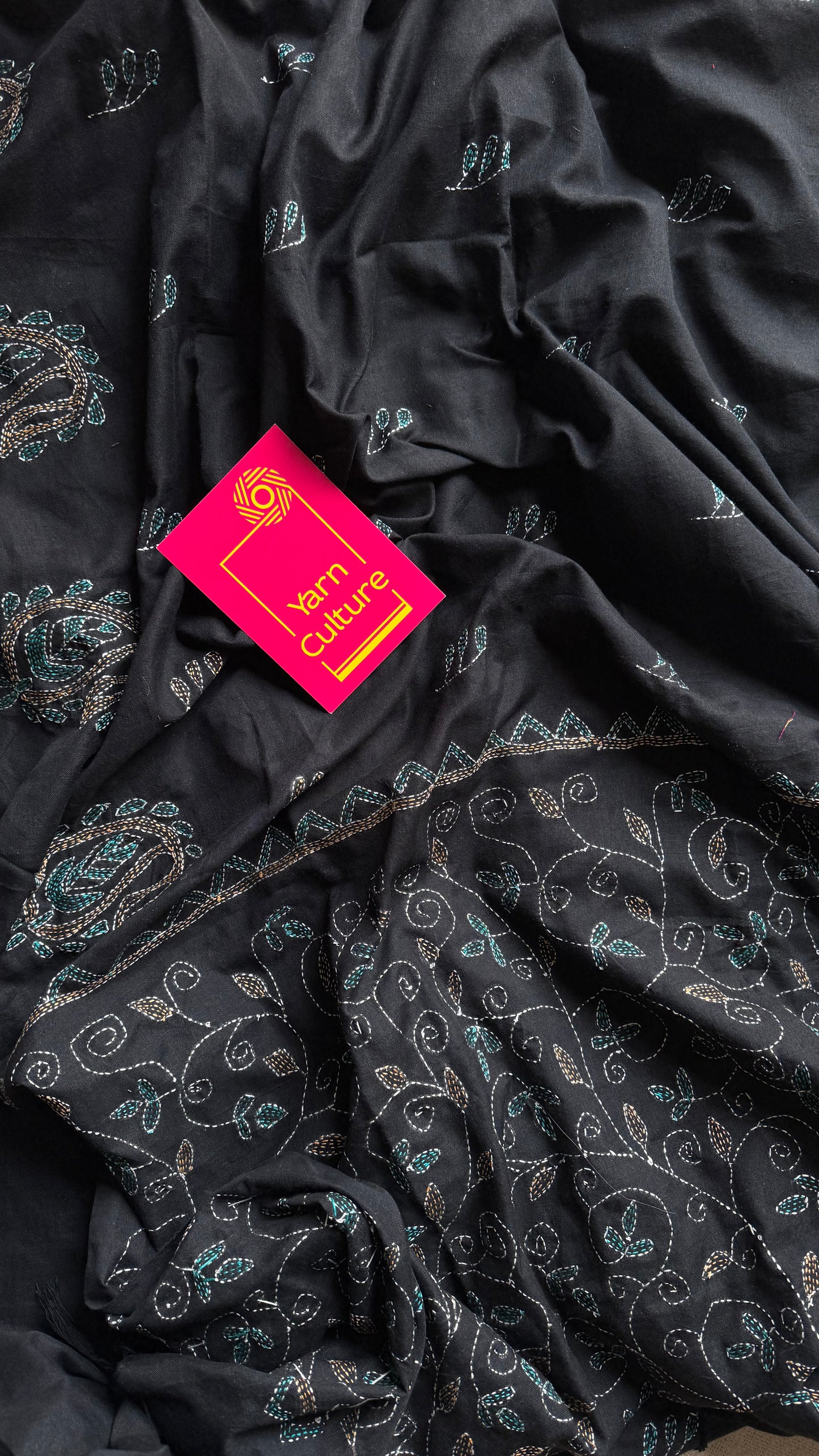 Embroidered black kantha weave in soft cotton - YCBCKKJA146