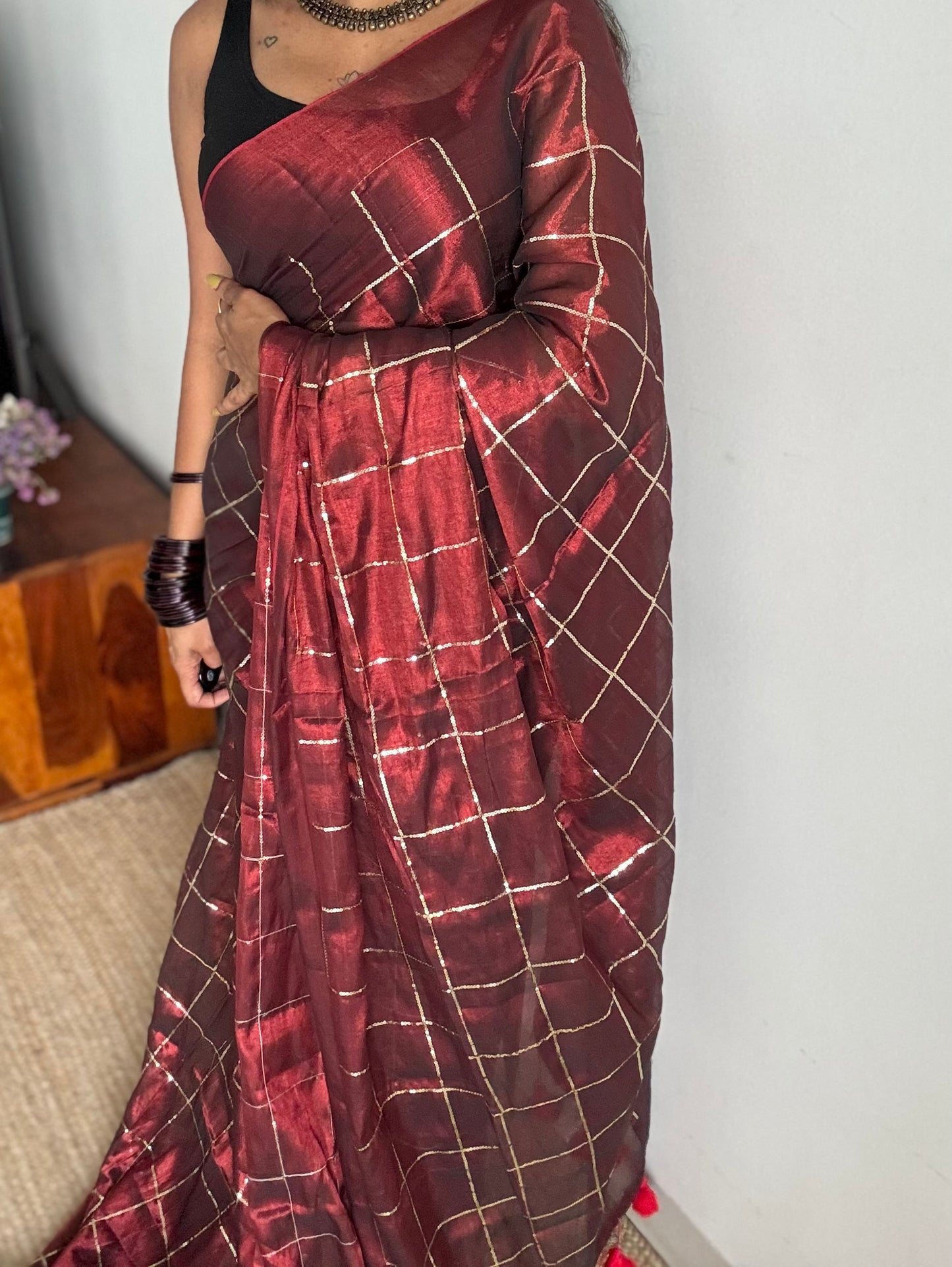 Maroon, checkered sequins work, mul tissue - YCBCMCJA10