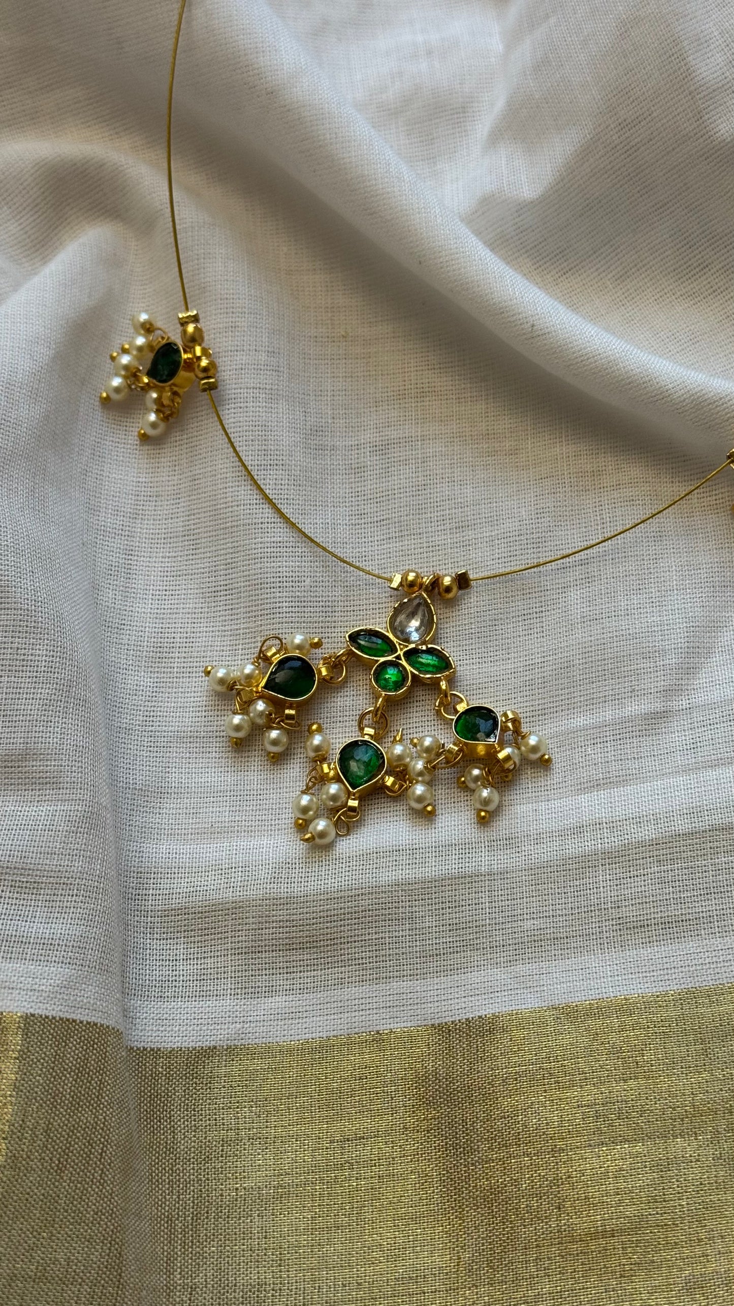 Invisible neckchain with jadau kundan stones & pearl hangings - green, white - YCGPNP694