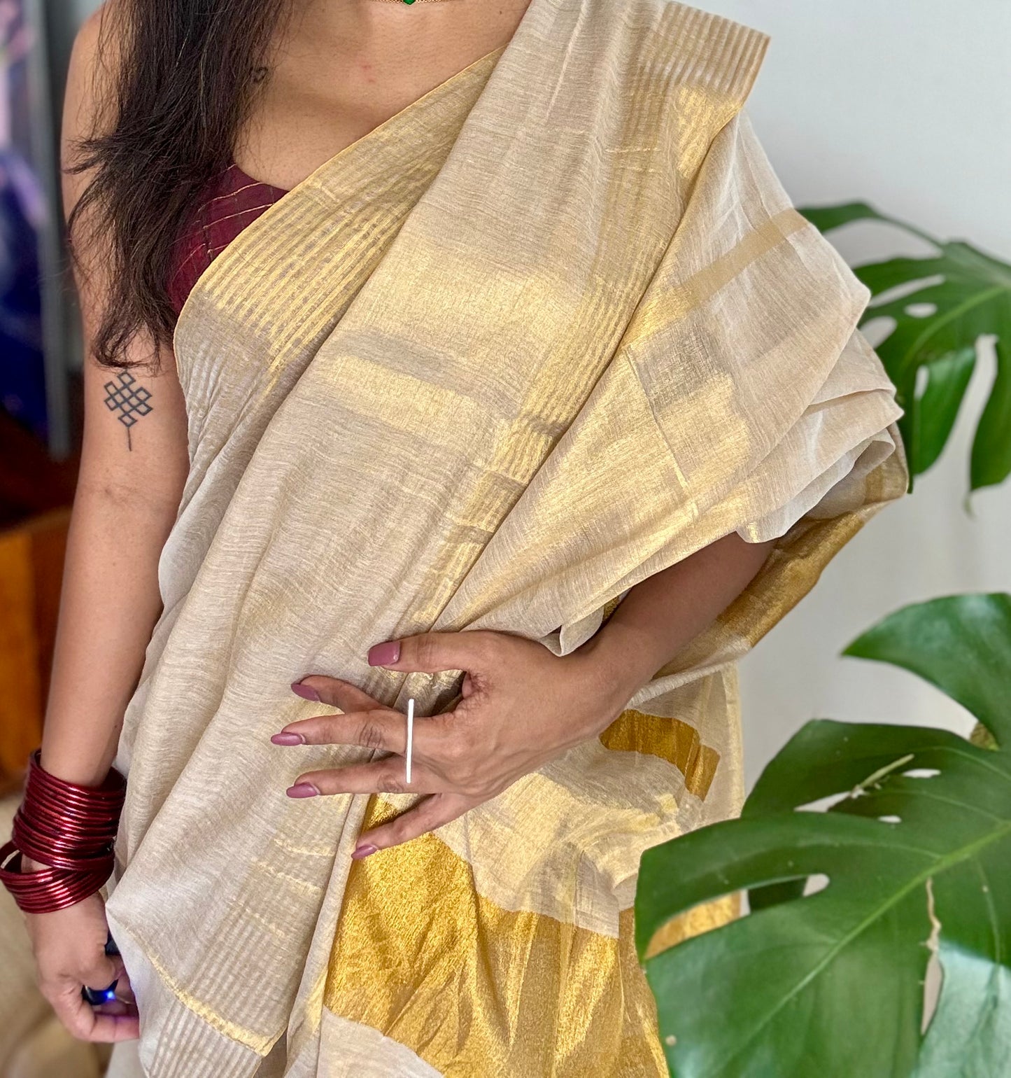 Gold mul tissue saree, gold stripes - YCIEON06