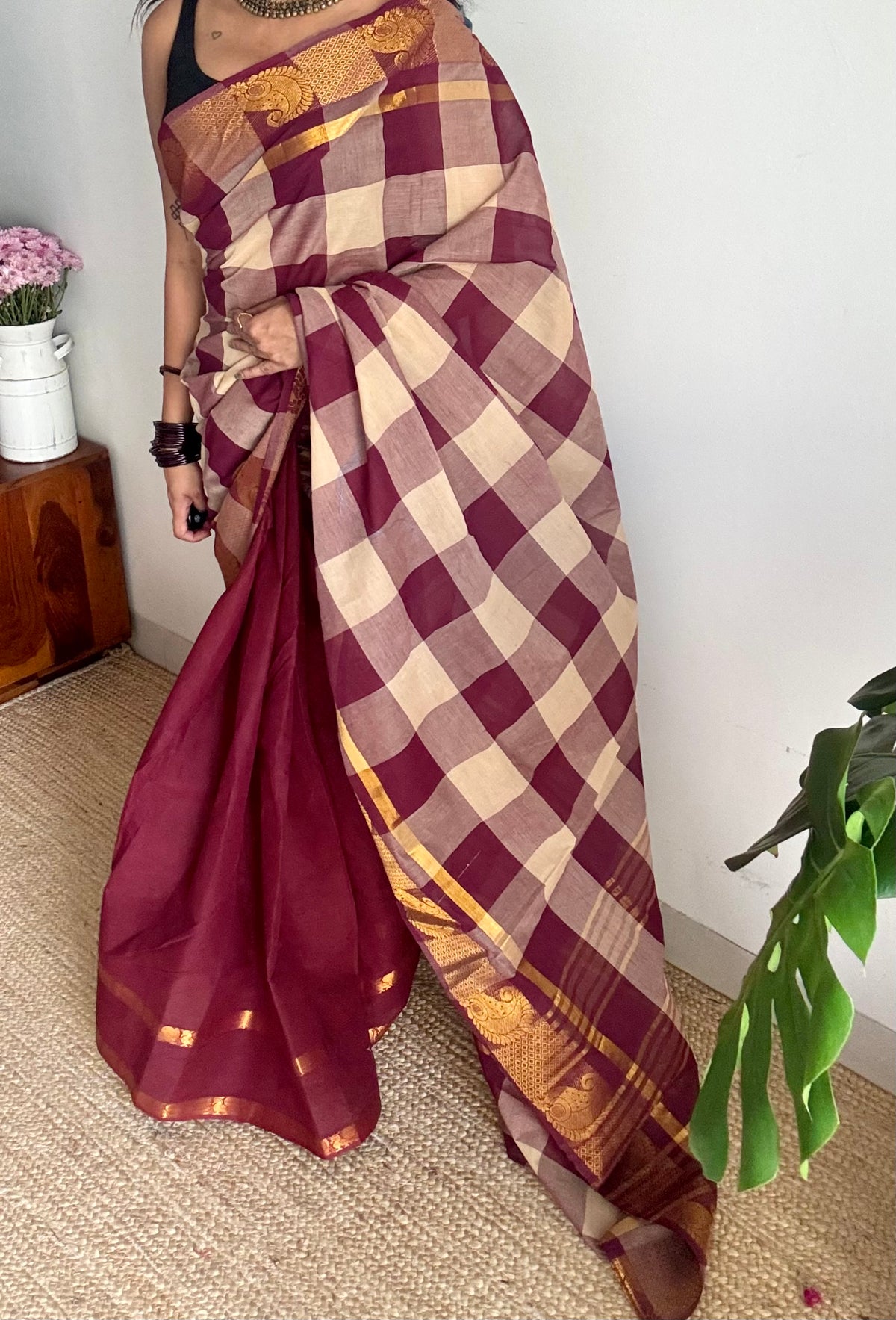 Multicoloured checks with maroon, cotton half and half saree - YCCOTNIDOC127