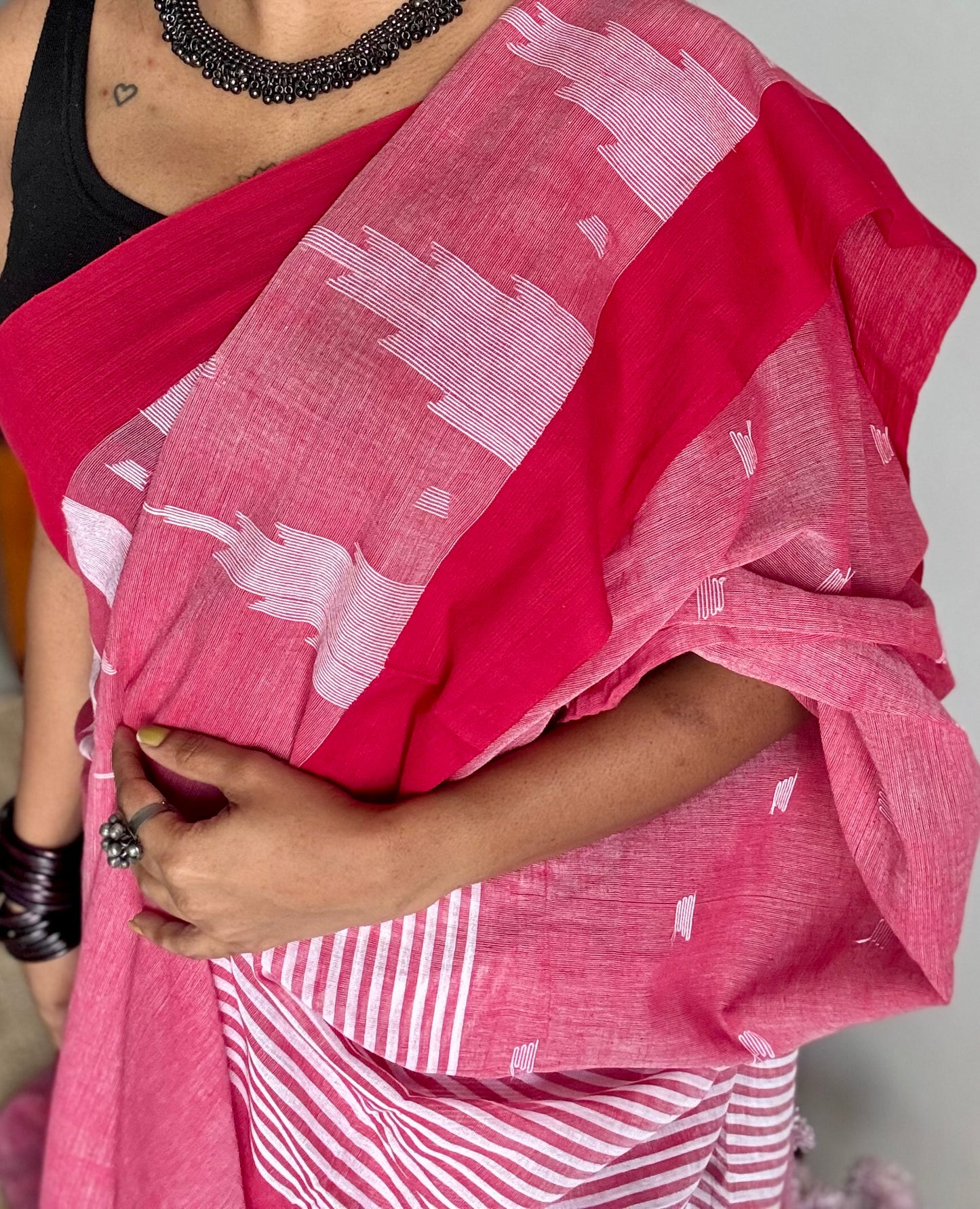 Muted red with dark red borders, temple motif woven threadwork, soft cotton - YCBCMKCDE29