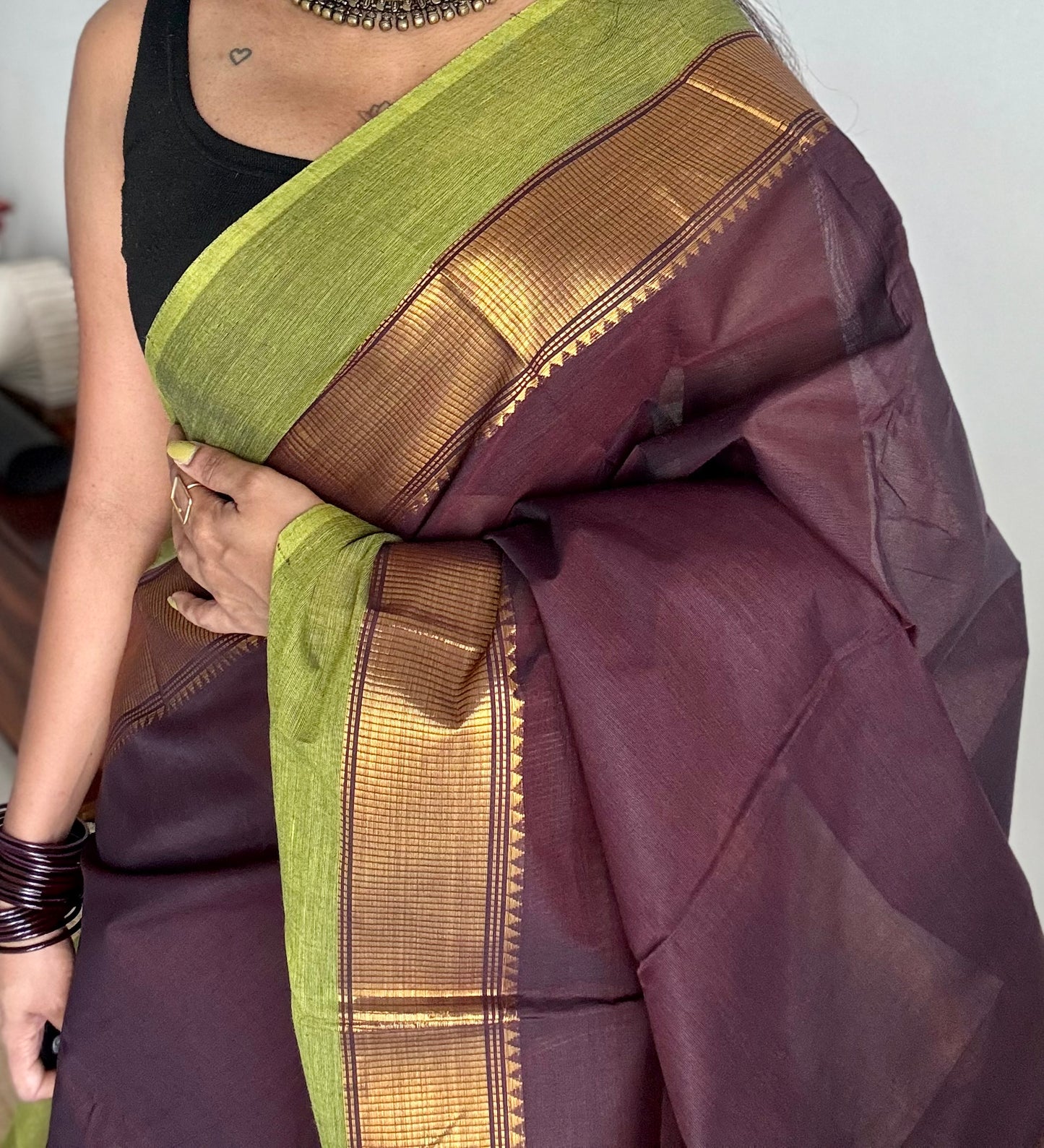 Chettinad cotton saree in brown with green and gold border - YCCOTNJUCC09