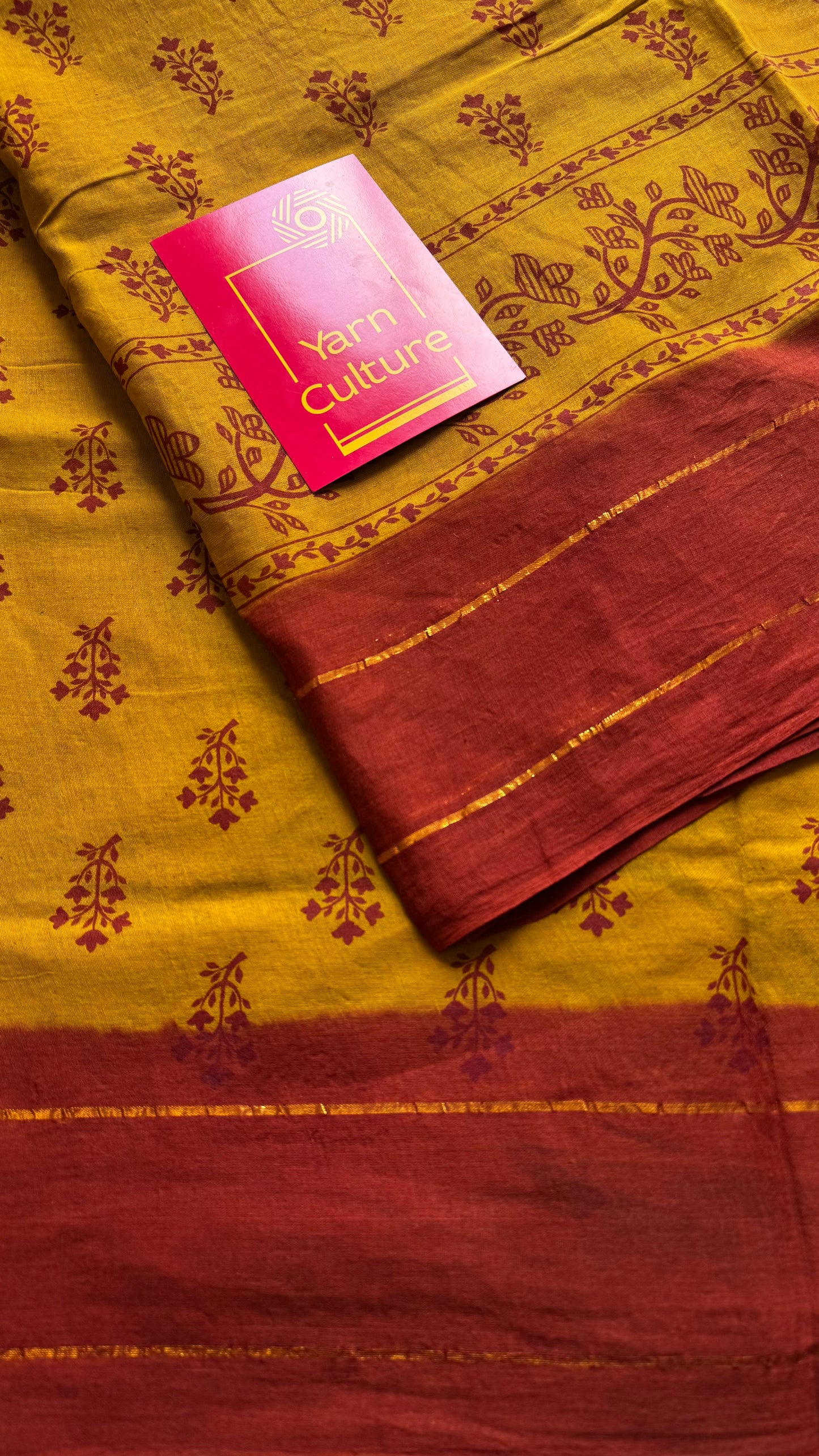 Mustard yellow with burnt red contrast, kattuchayam dyed madurai cotton saree - YCCOTNMA247
