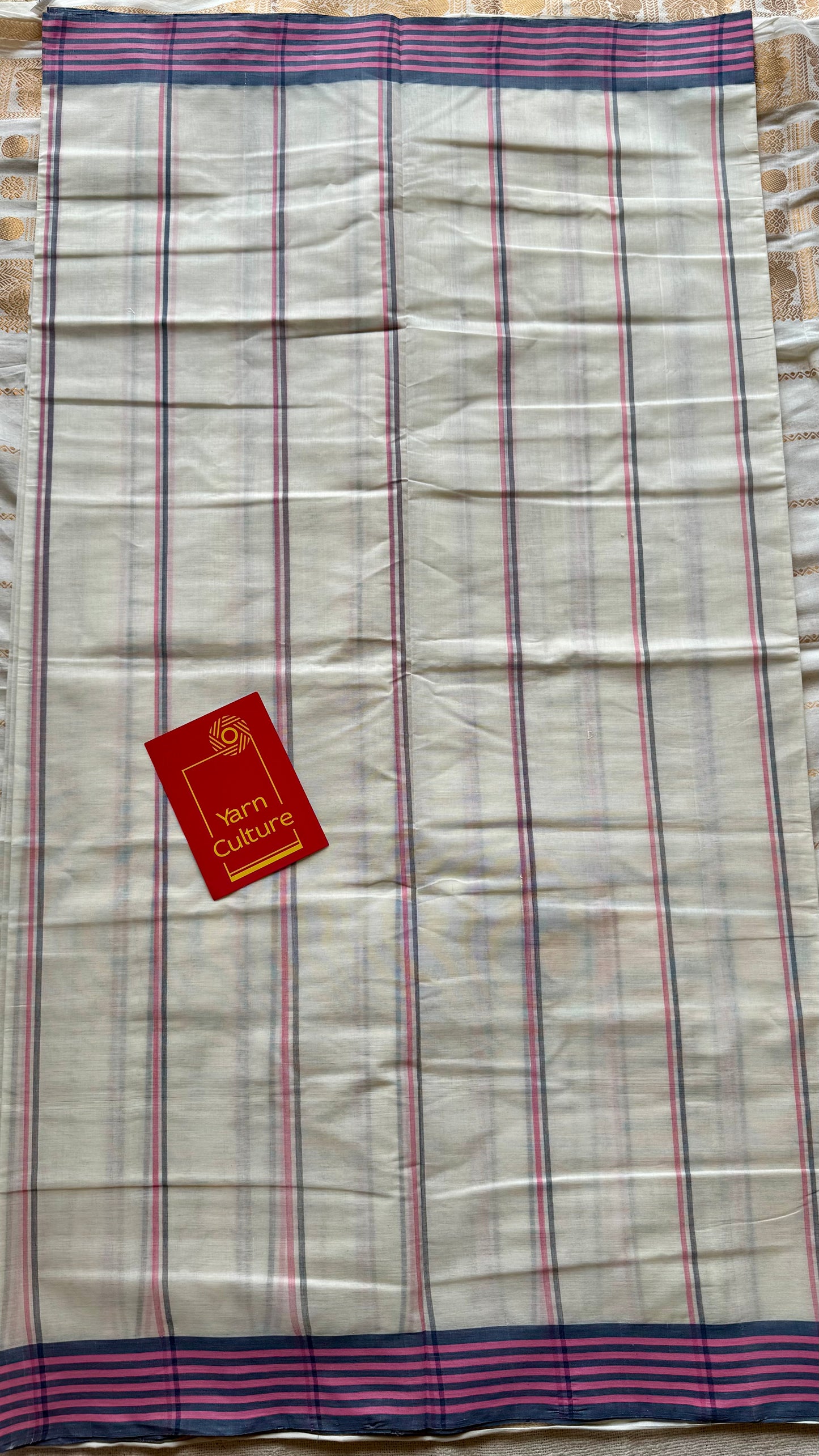 Handloom, woven in Chendamangalam Looms, ivory with grey pink border, striped soft cotton saree - Handloom ivory grey pink border