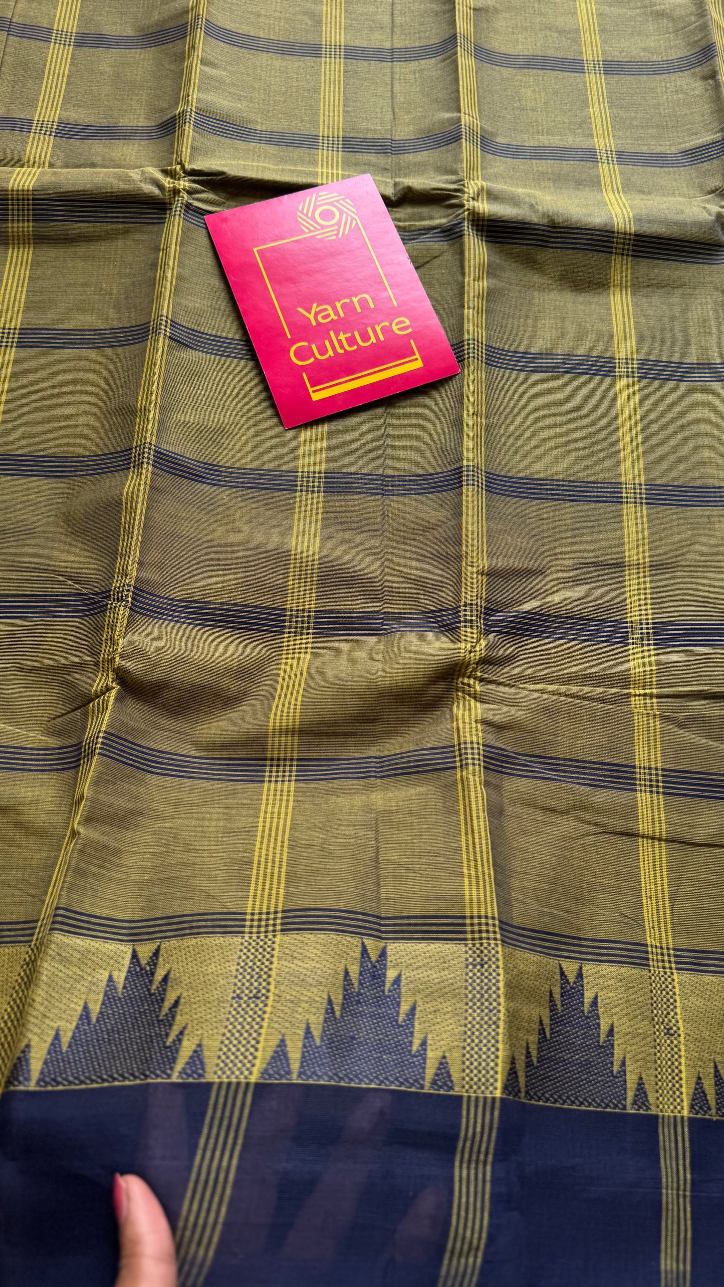 Chettinad cotton saree with olive green and navy checks, temple motif border - YCCOTNAP67