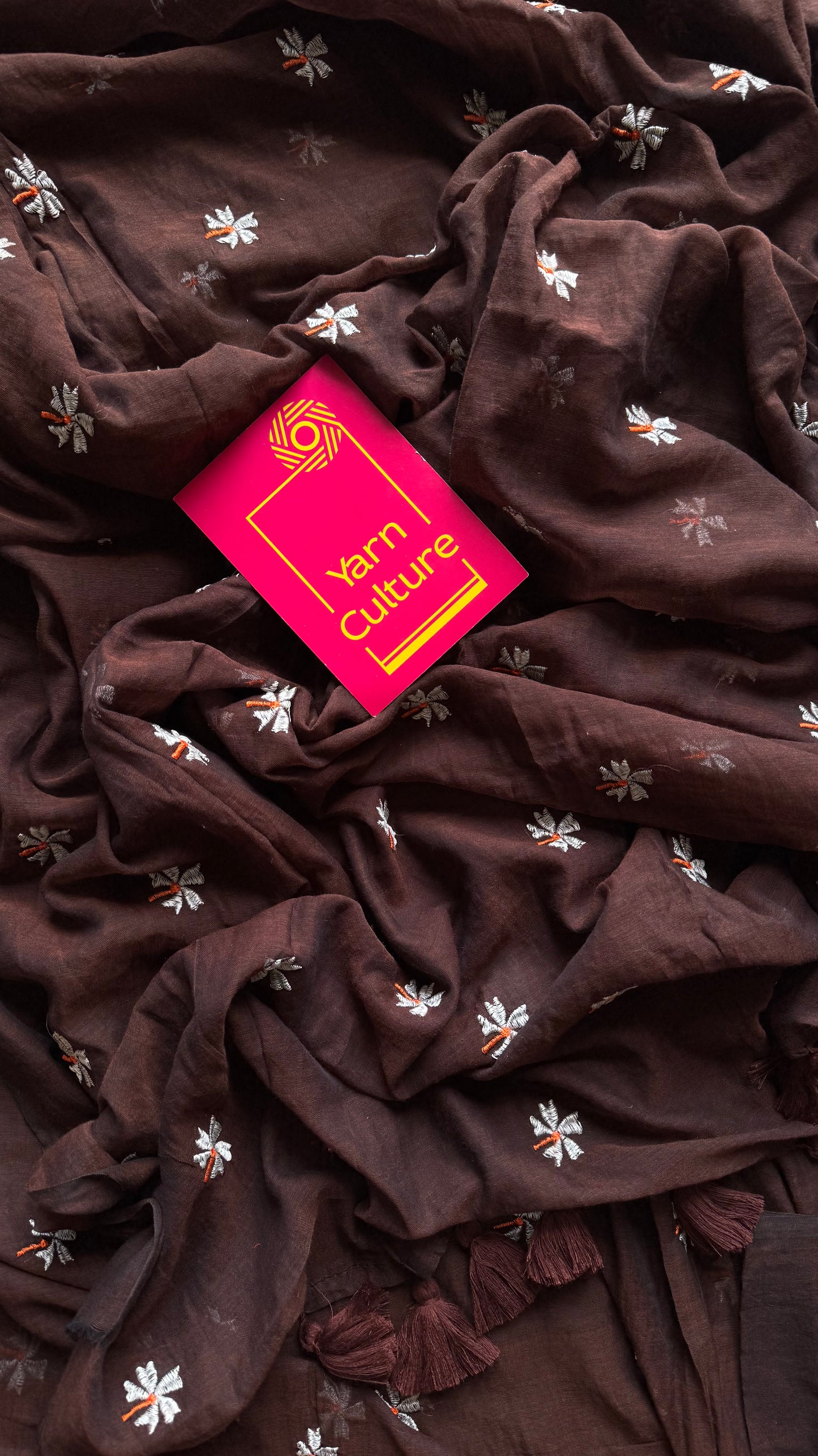 Brown with white floral embroidered mul cotton saree  - YCBCMCAP42