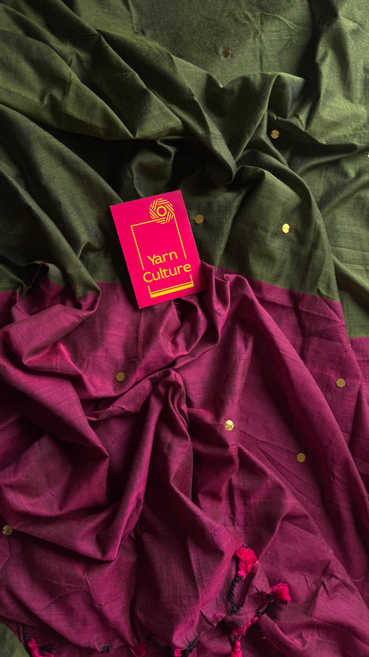 Olive green with ruby contrast pallu, gini sequins, soft cotton saree - YCBCSCOC07
