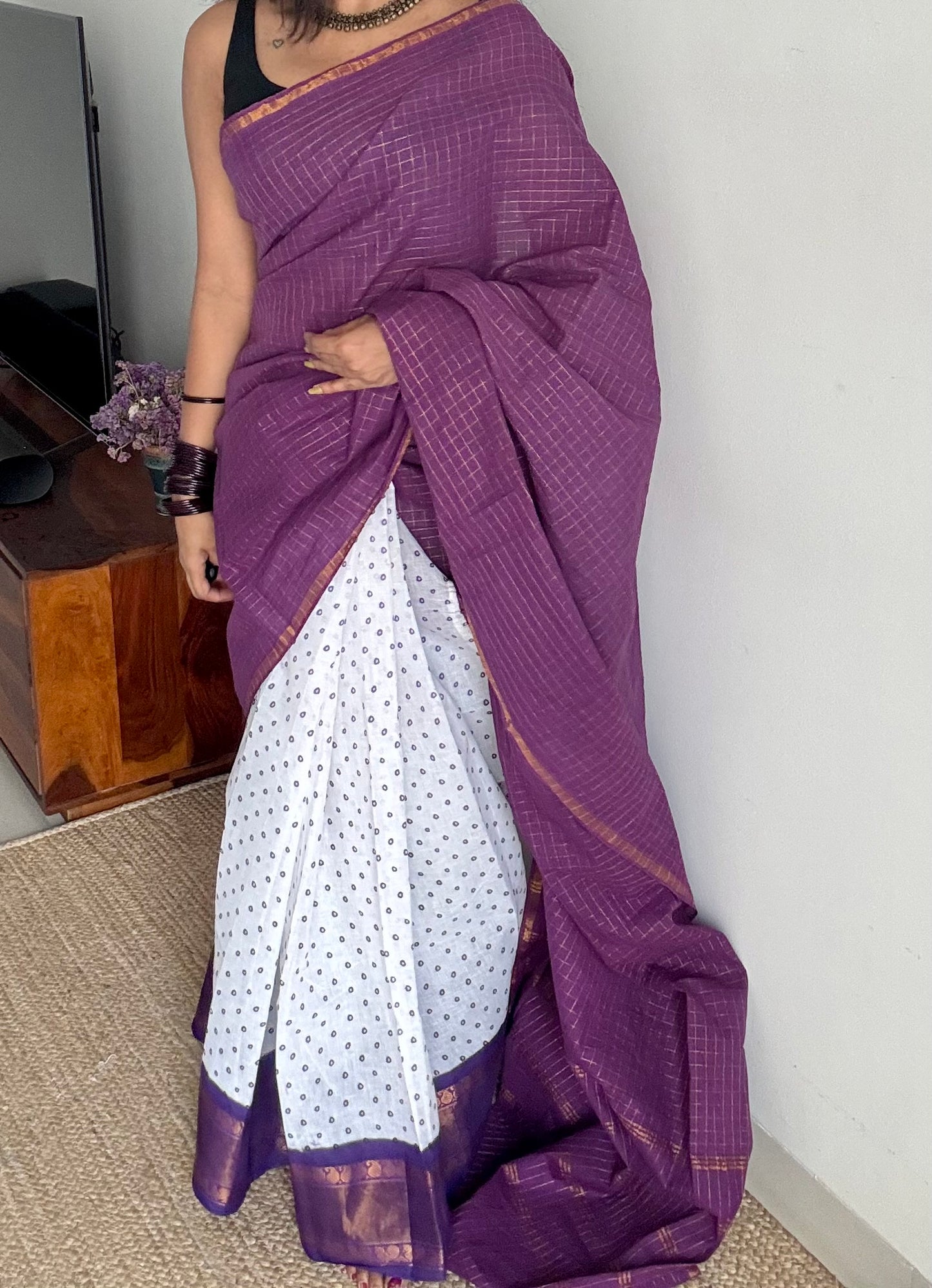 Purple with white, sungudi cotton half-half saree - YCCOTNMSFE372