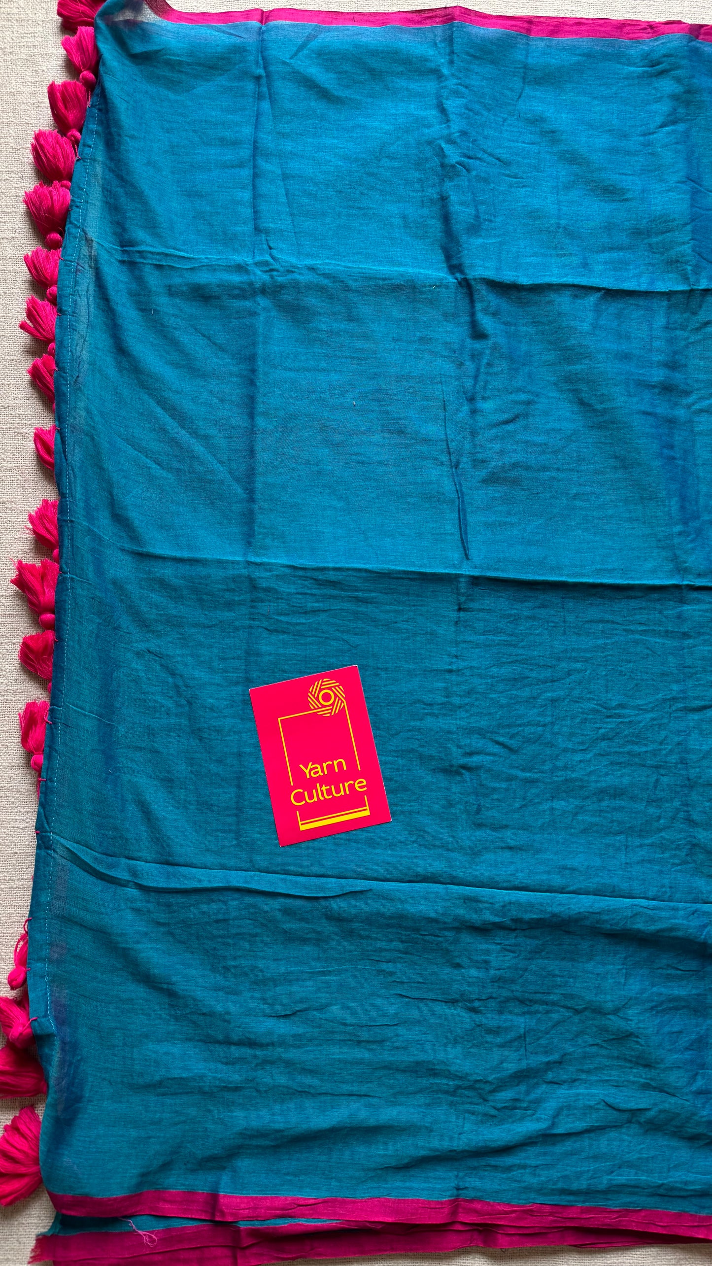 Peacock blue with dark pink border mul cotton saree - YCBCMCFE225