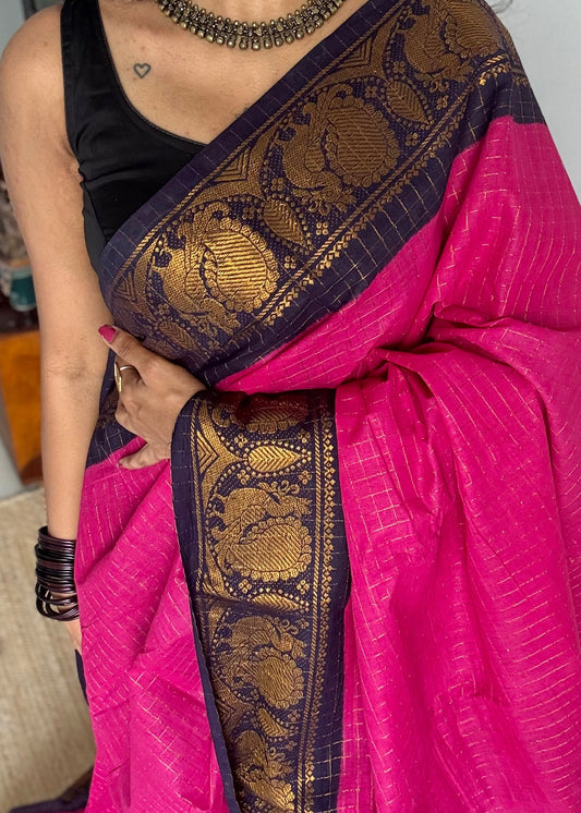 Dark hot pink with dark blue checkered sungudi, madurai cotton - YCCOTNOCSC22