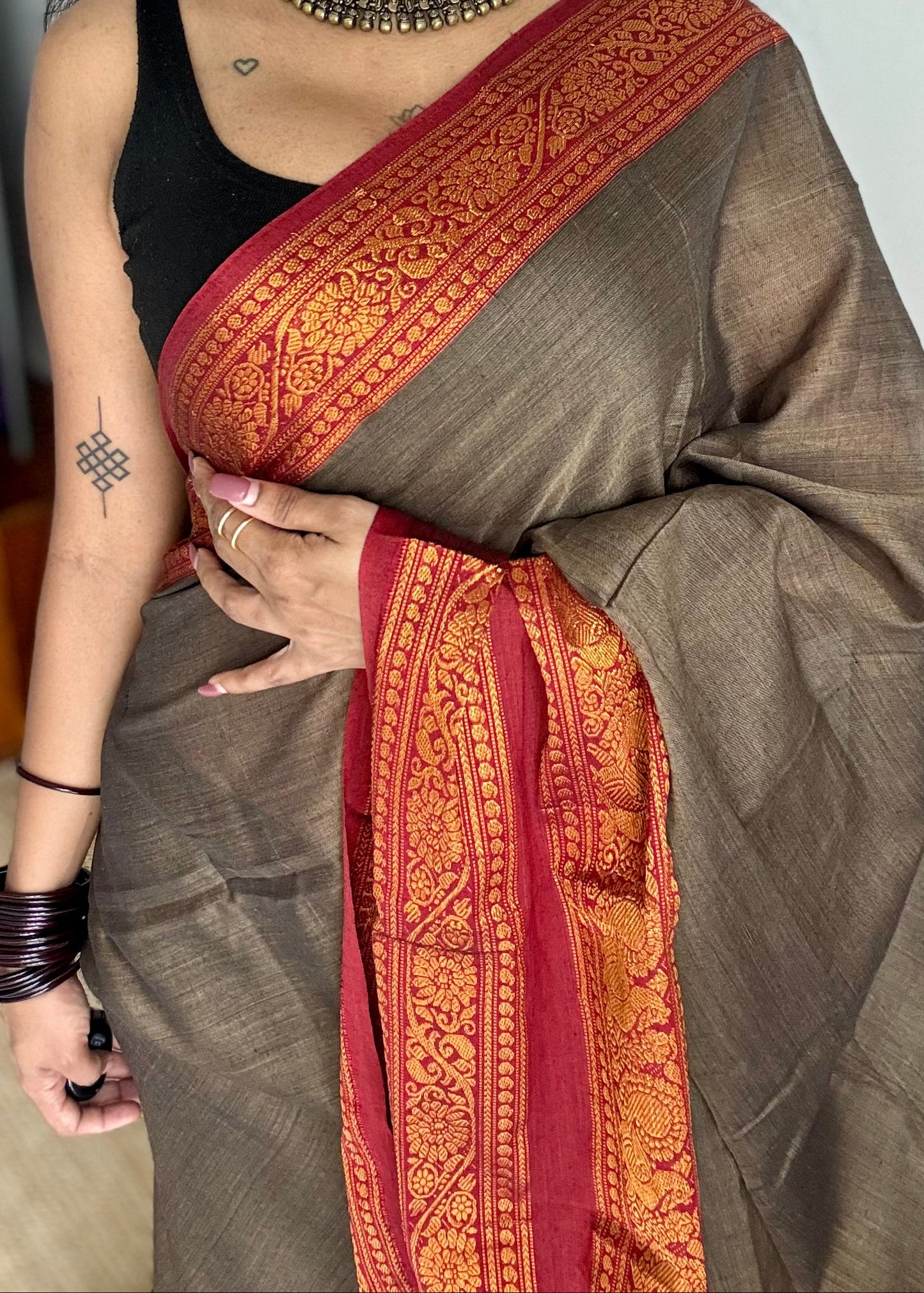 Grey with red wide border, narayanpet soft cotton saree - YCWOTDAUG05