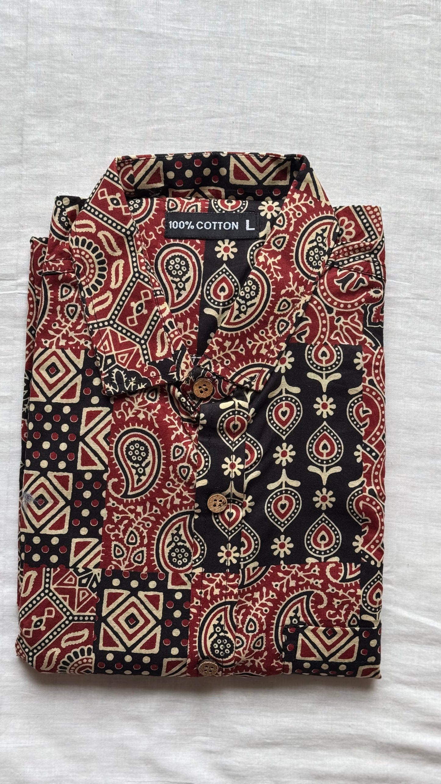Black Red & White Ajrakh Block Printed Cotton Men's Full Sleeve Collared Shirt -YCMSEIE203