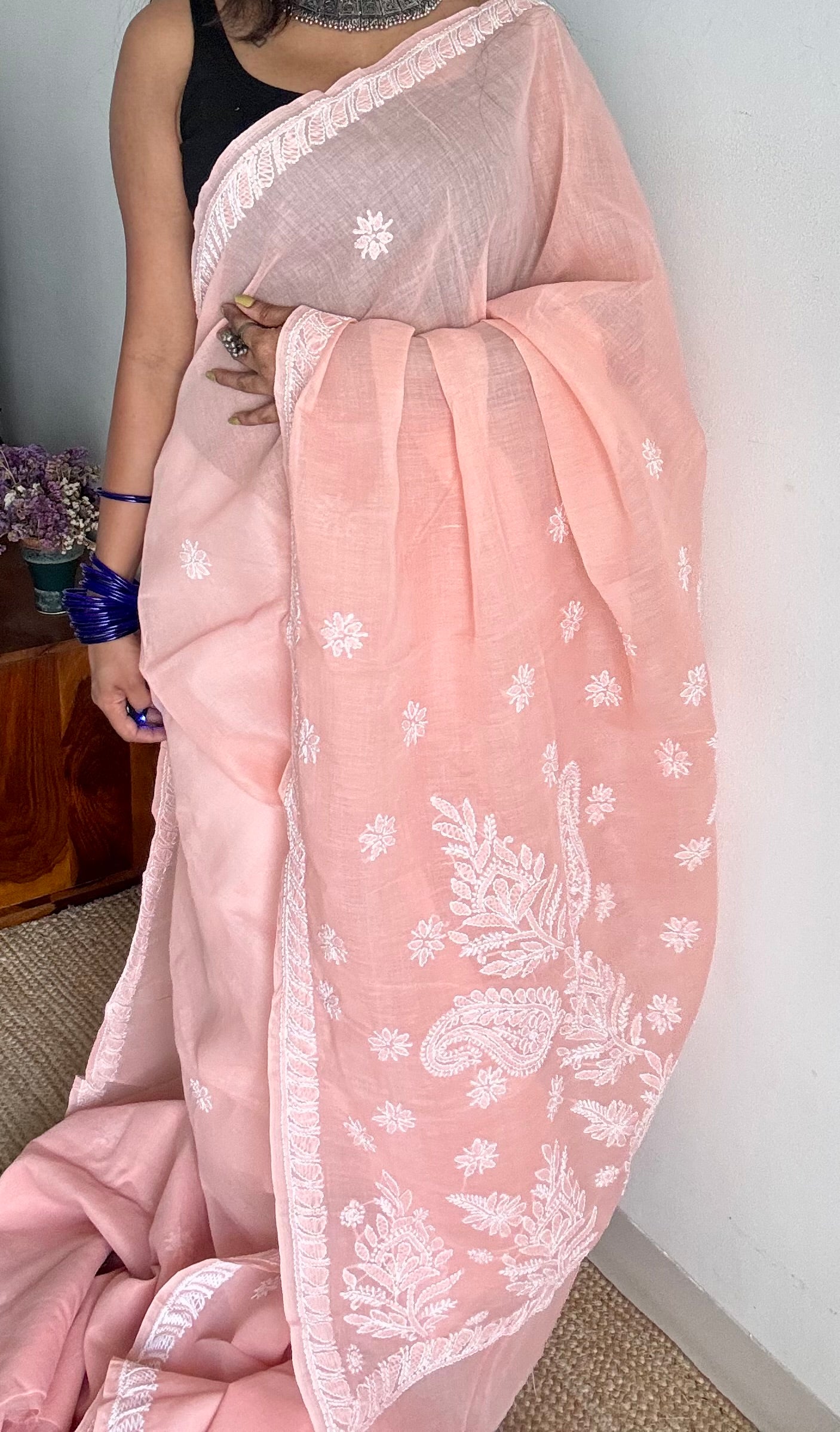 Noor - light peach hand-embroidered chikankari cotton saree - YCLCKFE426