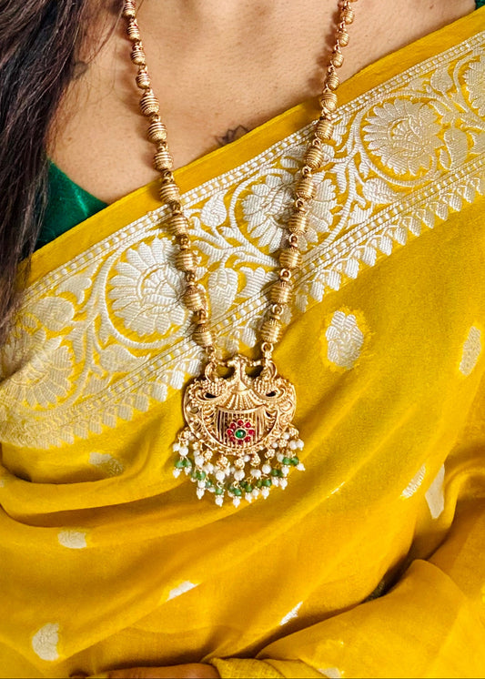 Long haram with peacock pendant, with earrings - YCGPNP612