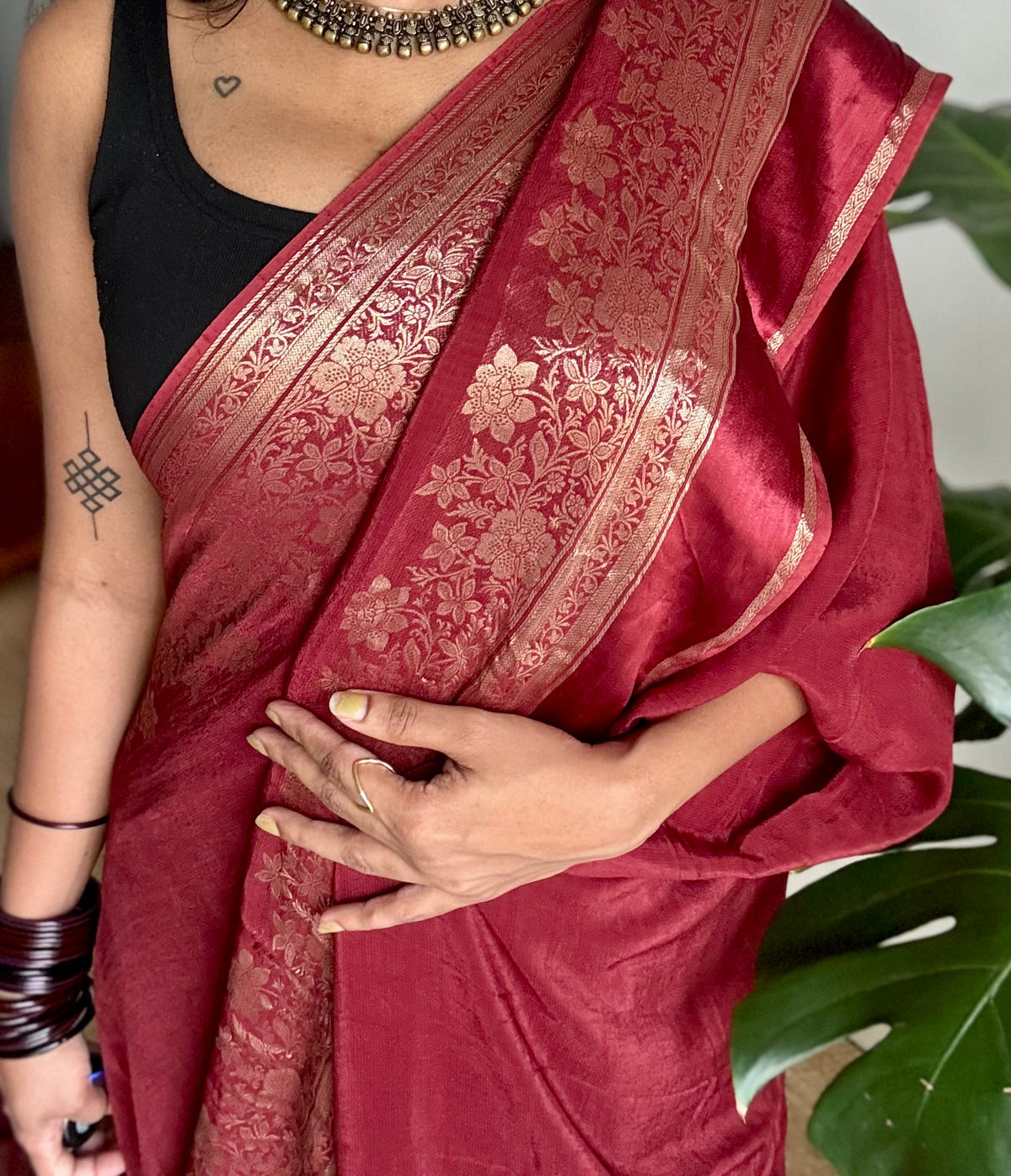 Maroon, semi crepe silk saree with antique gold floral border - YCLOKOC52
