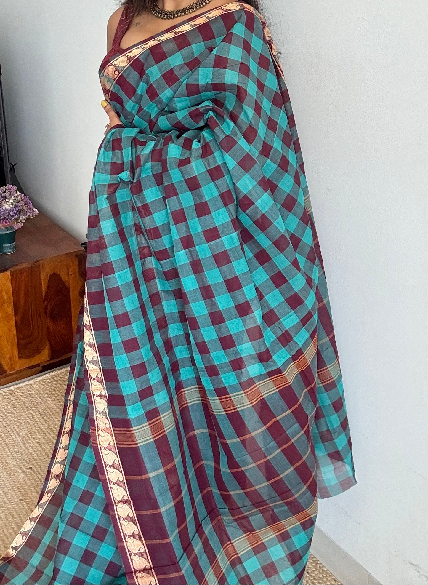Multicolour Chettinad cotton saree with Paalum Pazhamum checks (Aqua Blue, Cyan & Brown) - YCCOTNCCFE151