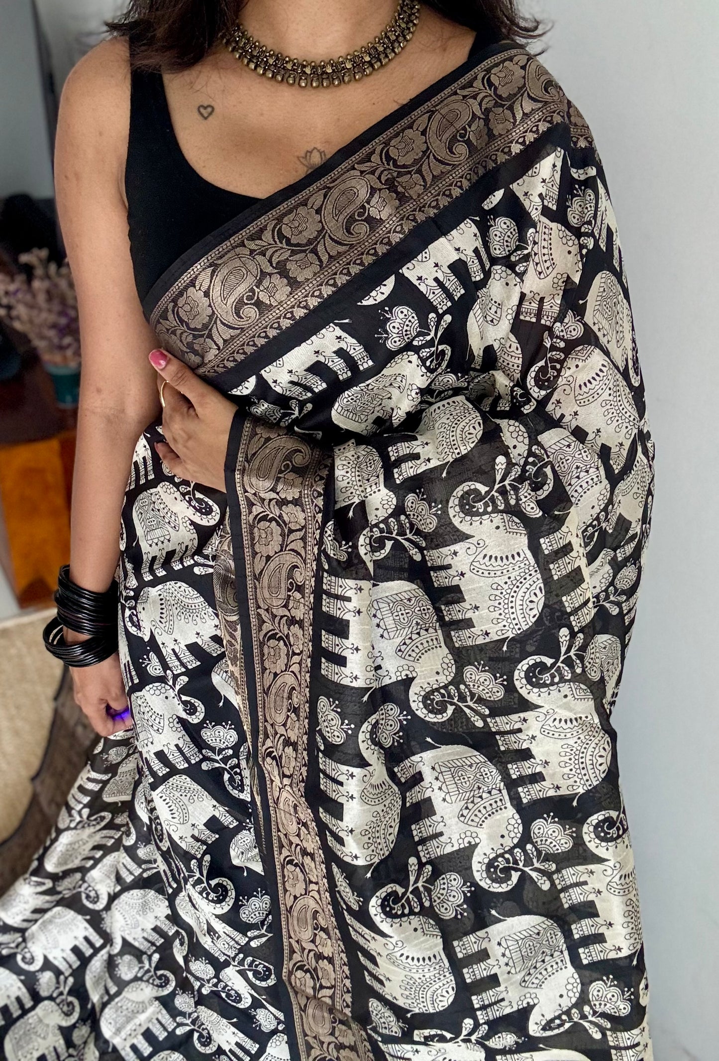 Black and white, printed kalamkari, elephant motif, semi-tussar - YCWOTDSTK04