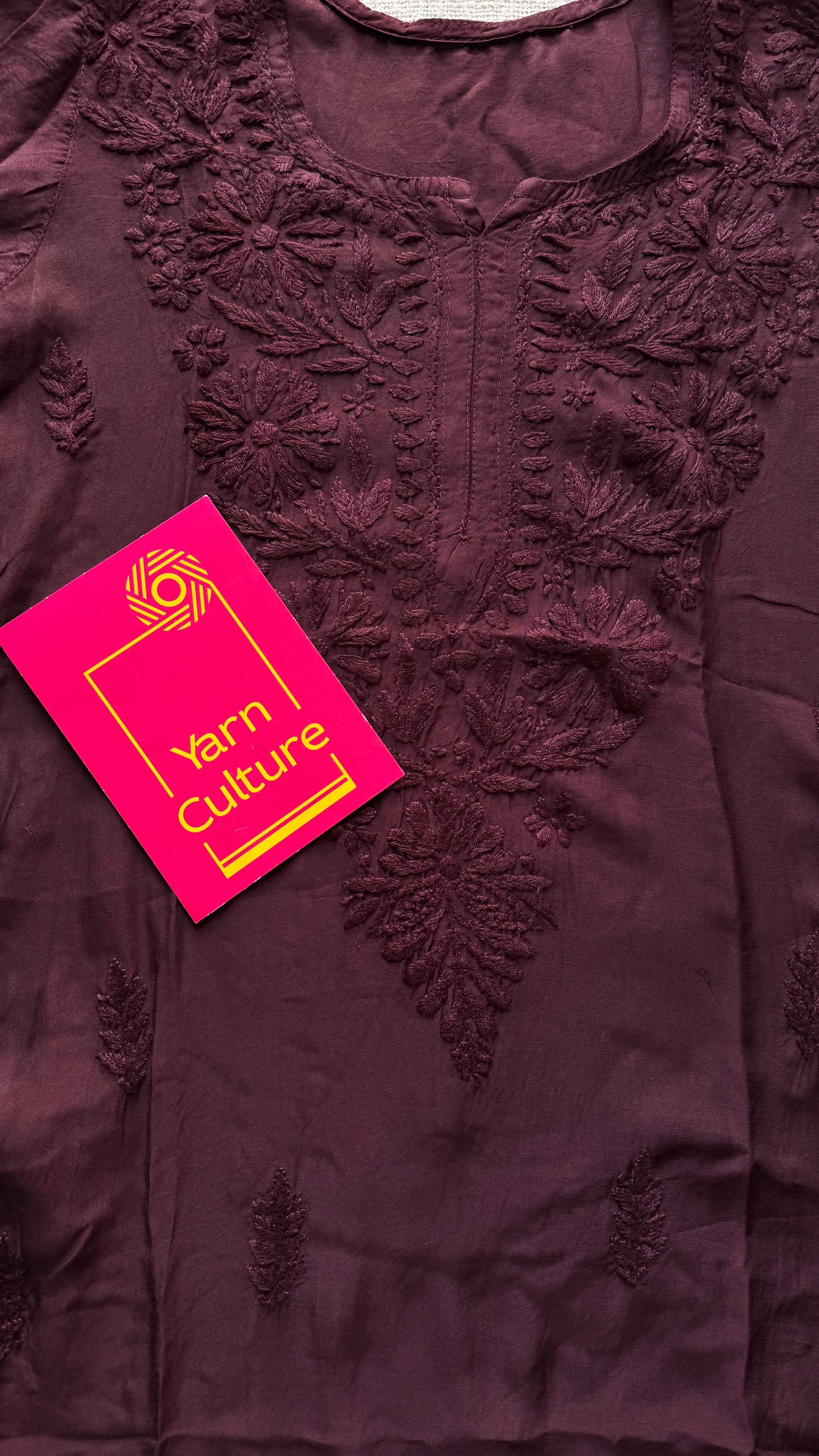 Wine muslin chikankari with ghas patti work, stitched kurta, round neck, three fourth sleeves - YCSECK41