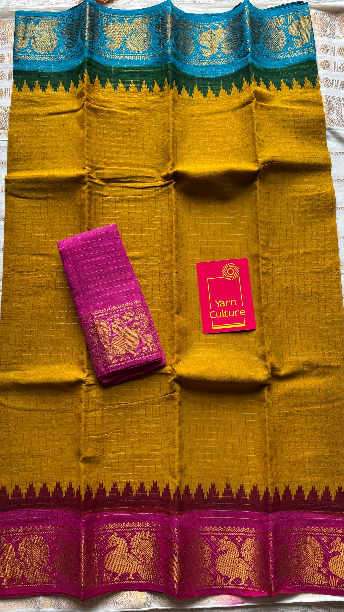 Sungudi cotton checks, mustard yellow base, blue and hot pink dual tone border, soft cotton - YCCOTNMSSE09