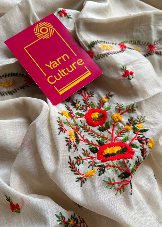 Ivory maheshwari cotton silk blend with bright red floral kantha threadwork - YCBLAUMK09