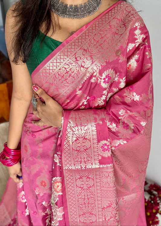 Dusty pink meenakari floral pattern in silver zari, Banarasi katan dupion silk - YCDESE09