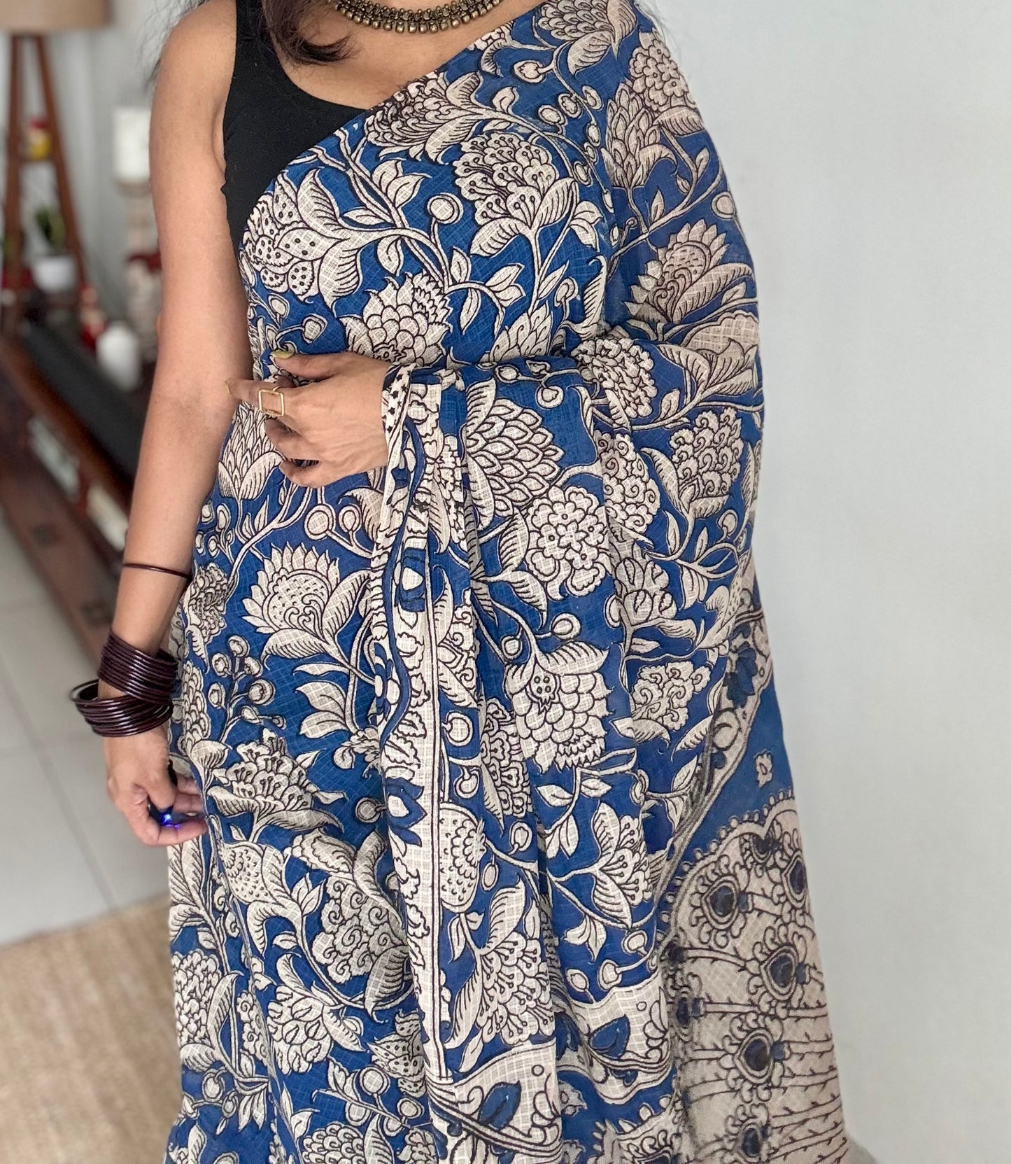 Blue floral kalamkari saree in kota - YCWOTDMA359