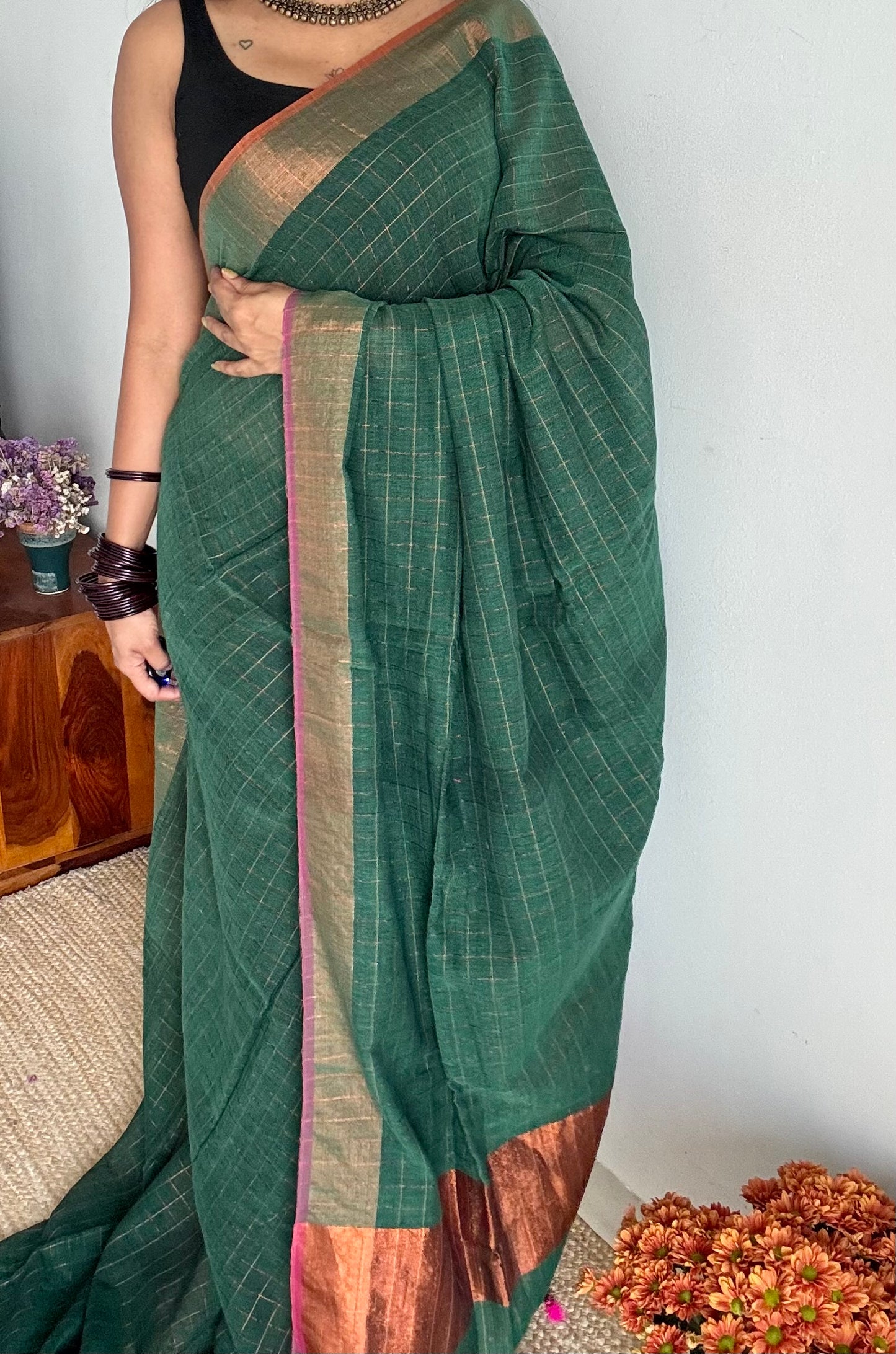 Green linen by cotton saree, gold checks & copper zari pallu - YCBCLCAP56