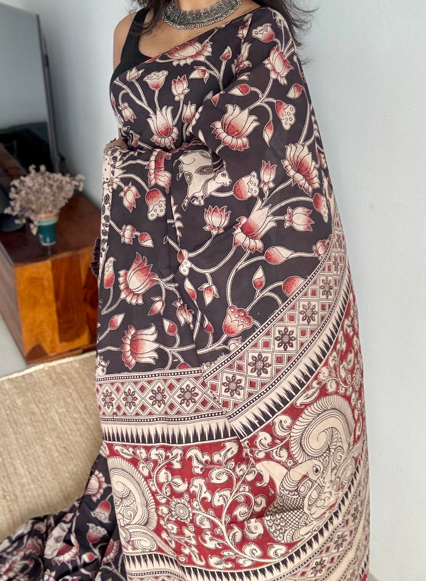 Black with brick red pichwai motif kalamkari, soft cotton - YCWOTDOCMP87