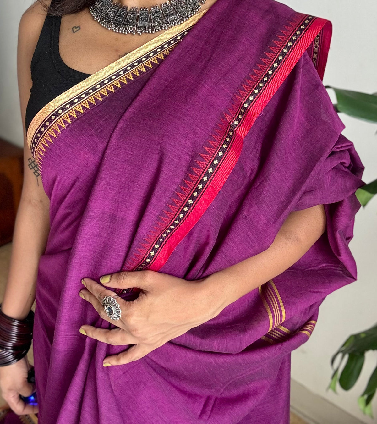 Handloom Bengal soft cotton saree, purple pink with cream and red woven dual tone borders - YCBCMCSE40