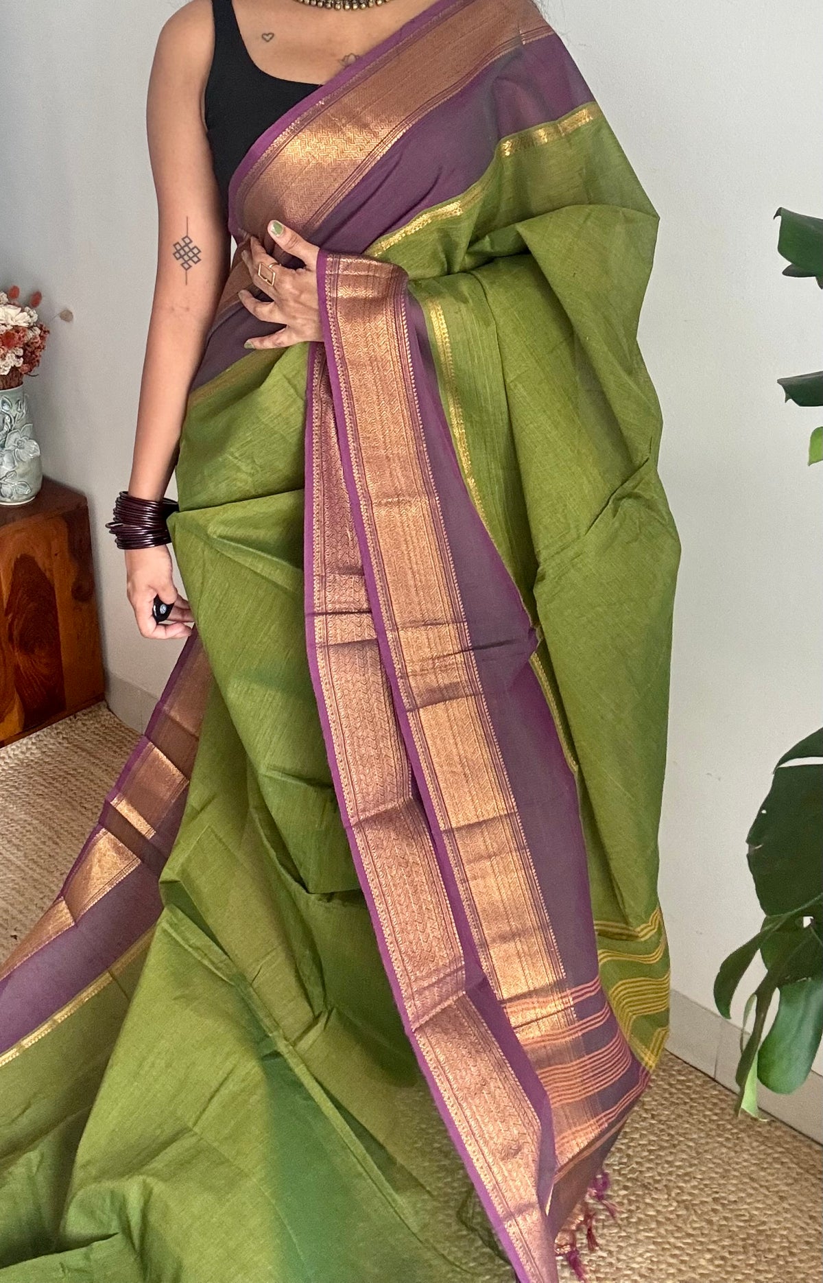 Green with wine gap zari border, kanchi cotton saree - YCCOTNCCOC113