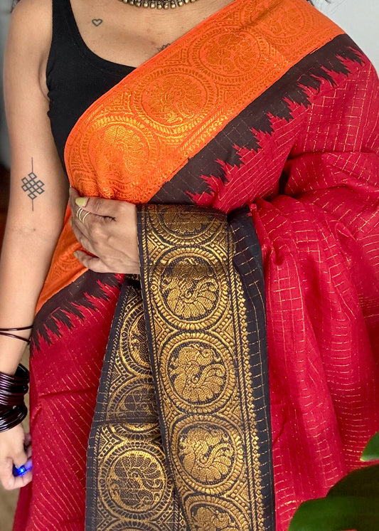 Sungudi cotton checks, red base, orange and black dual tone border, soft cotton - YCCOTNMSSE12