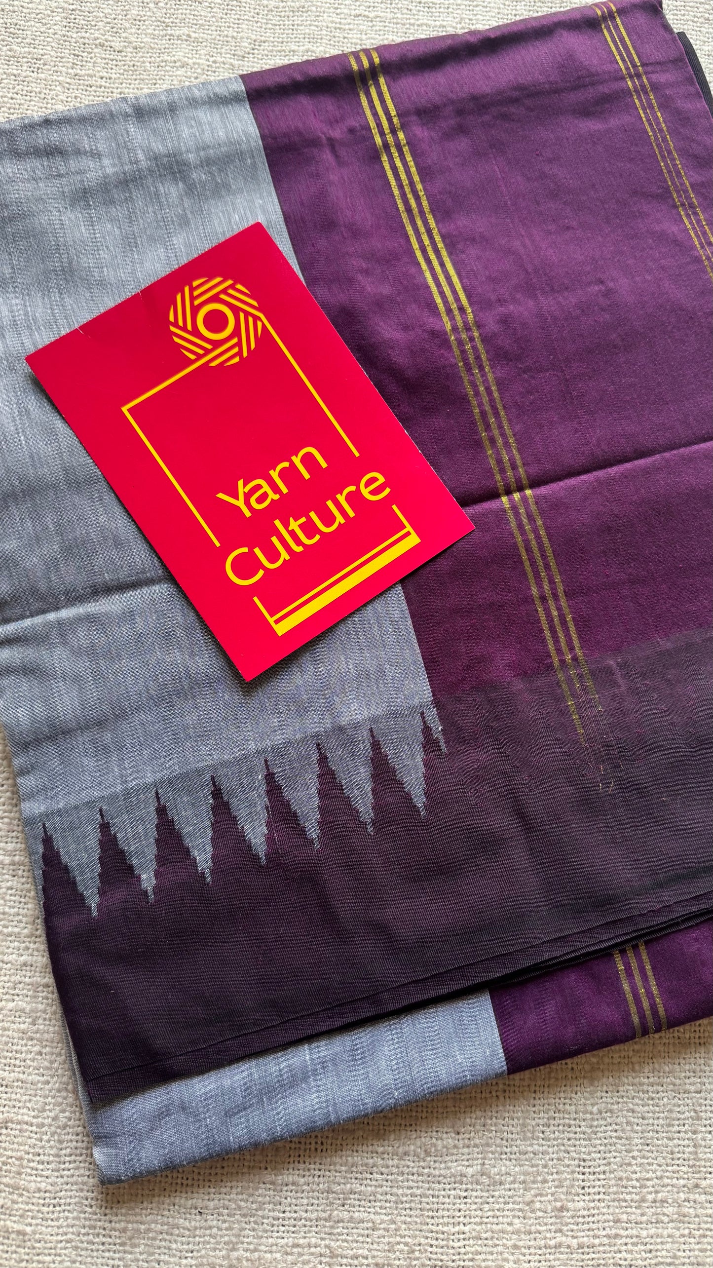 Grey with wine contrast, temple border saree, cotton silk - YCCOTNTBFE59