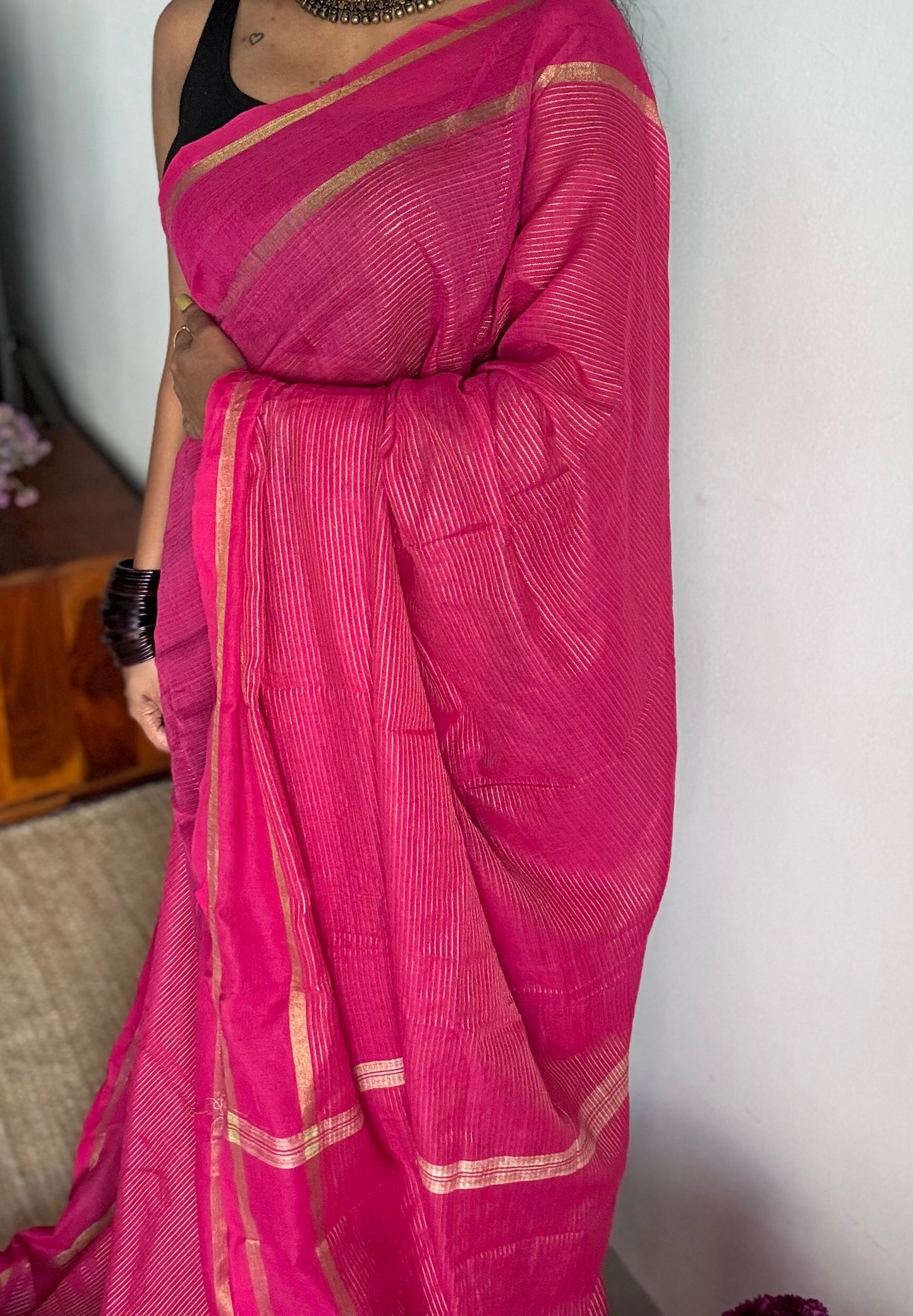 Hot pink, gap border, gold zari stripes, soft cotton - YCBCKCZDE124