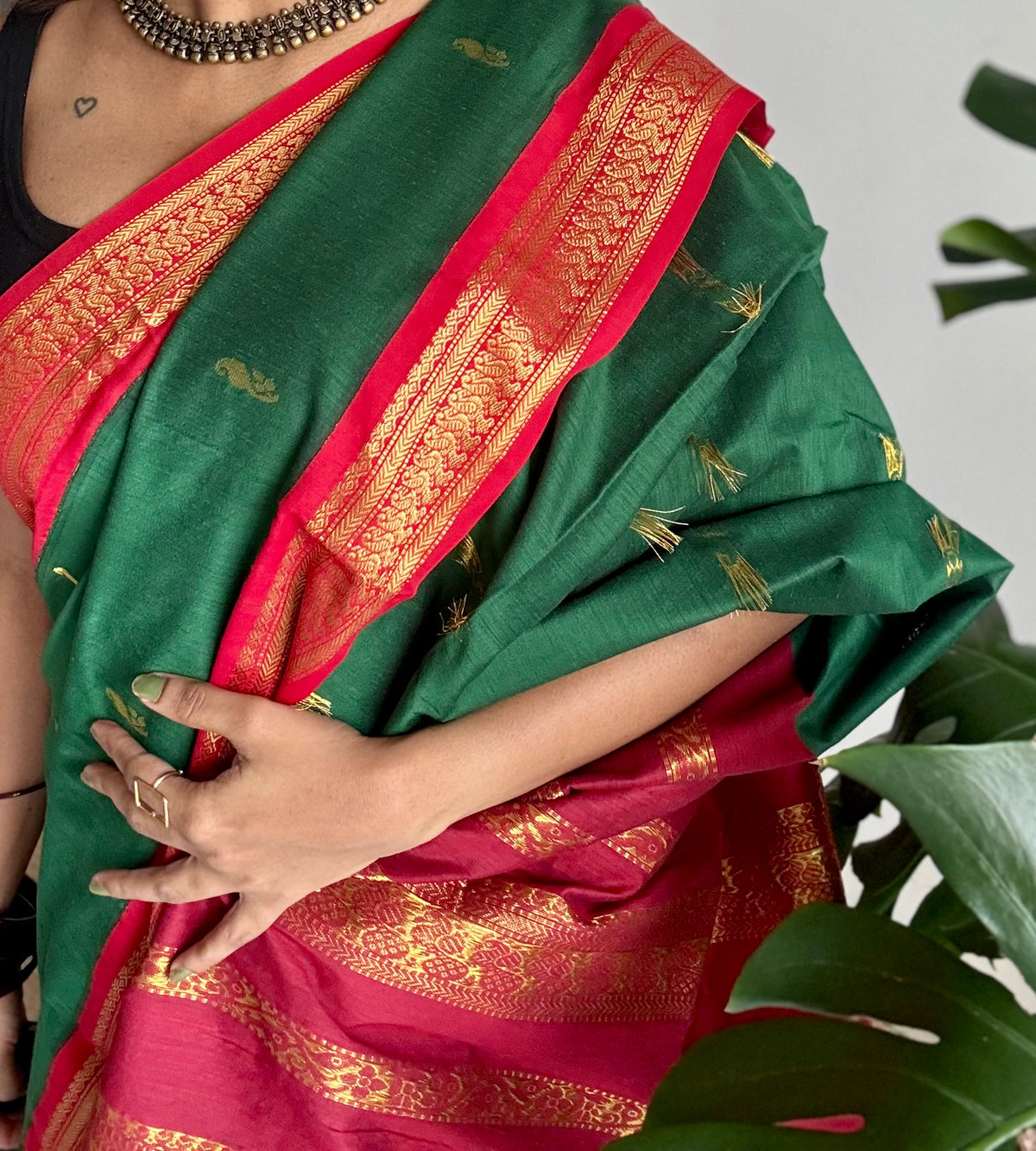 Green with red, cotton silk saree with zari border - YCCOTNKCOC108