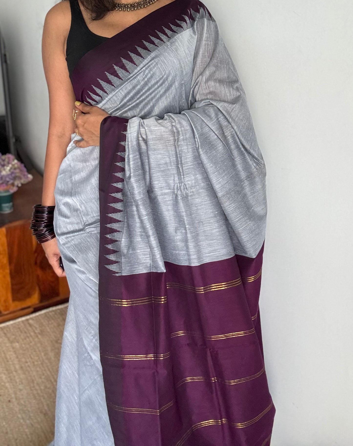 Grey with wine contrast, temple border saree, cotton silk - YCCOTNTBFE59