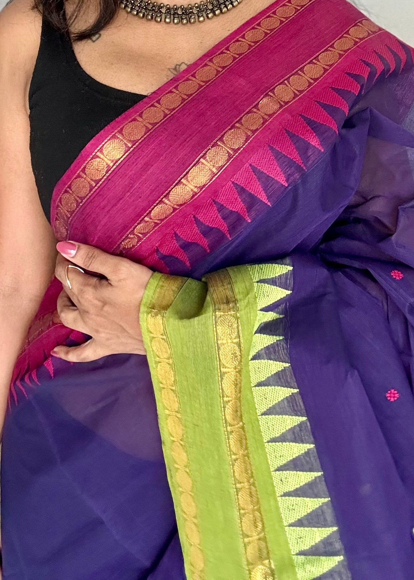 Kanchi cotton saree, royal blue with magenta and lime green dual border - YCCOTNAP97