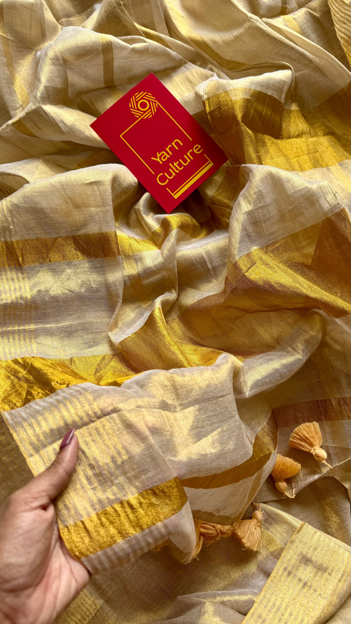 Gold mul tissue saree, gold stripes - YCIEON06